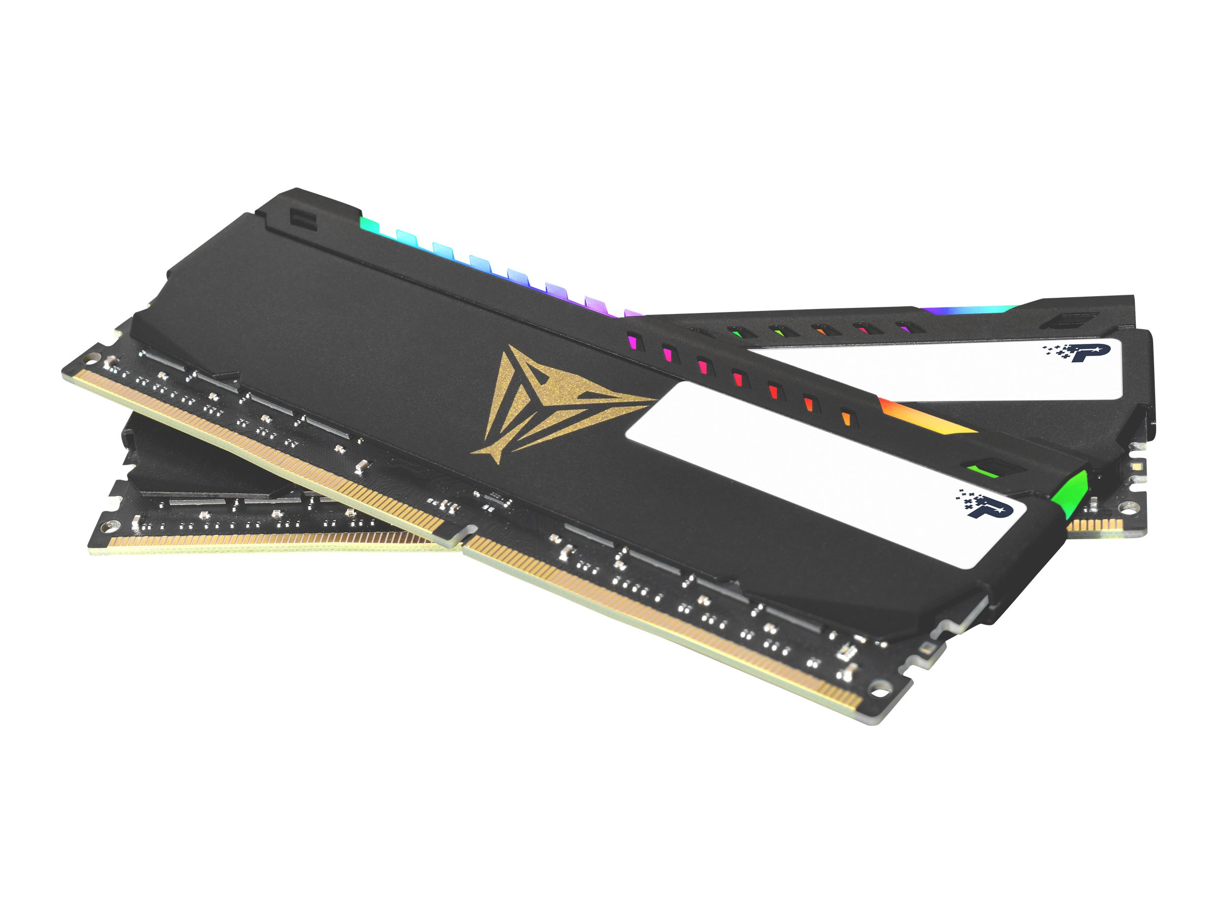 Zwei schwarze und goldene RAM-Riegel mit LED-Leuchten. Das Patriot Viper-Logo ist sichtbar.