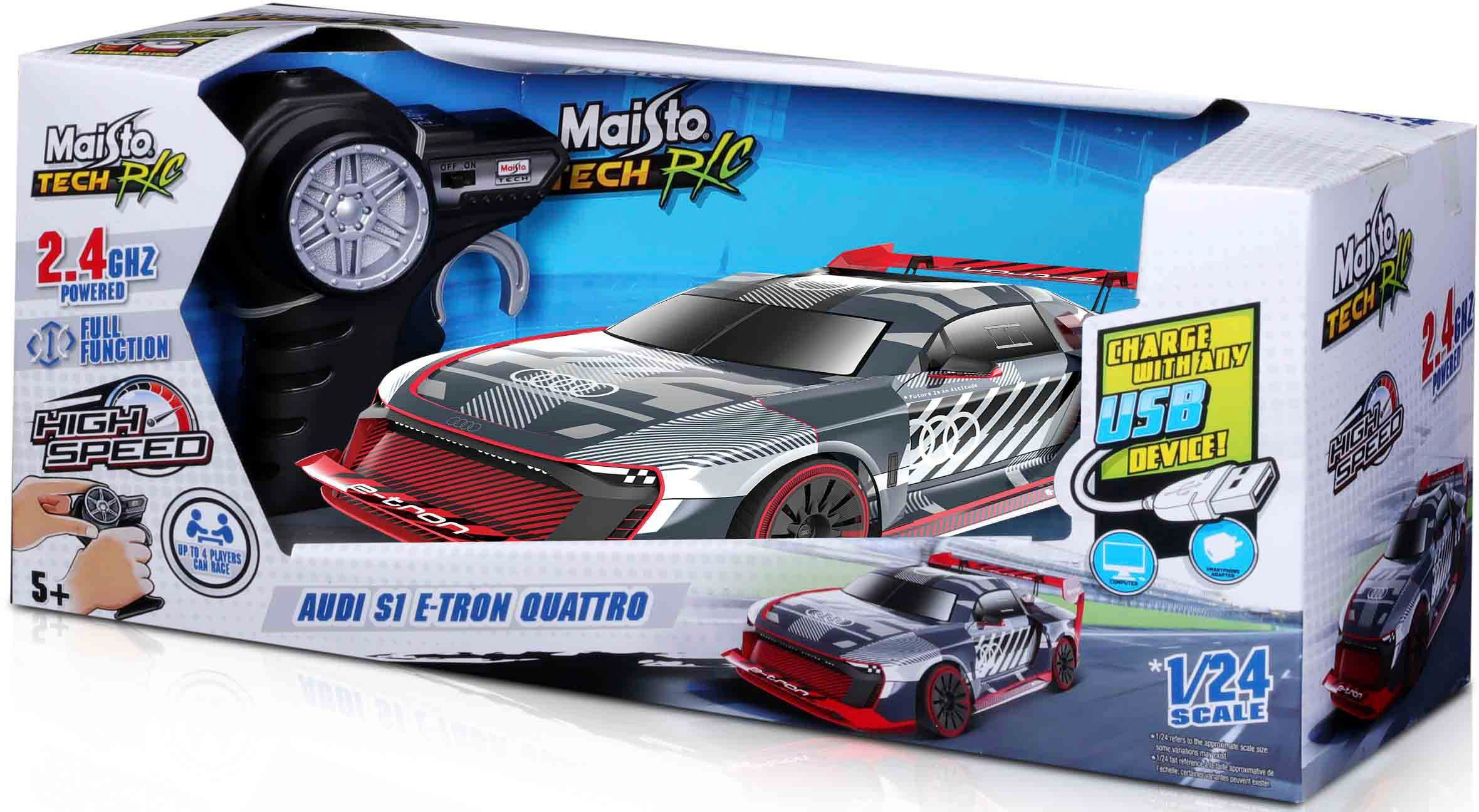 Verpacktes Maisto RC-Auto. Die Box zeigt das Auto, den Controller und die Funktionen.