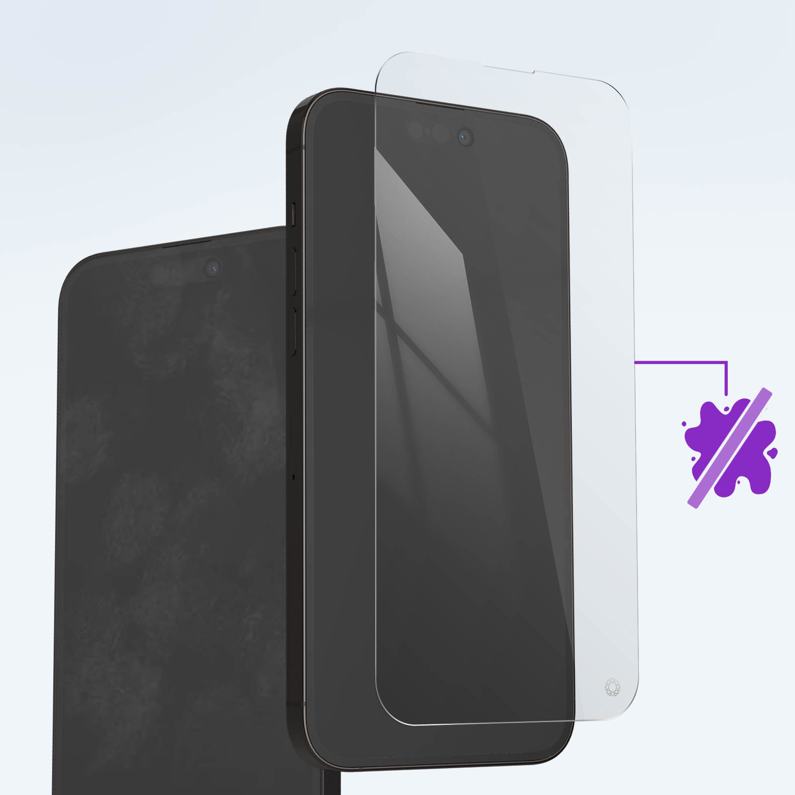 Dos teléfonos inteligentes negros con protectores de pantalla. Un teléfono tiene protector, el otro no. Una mancha morada.