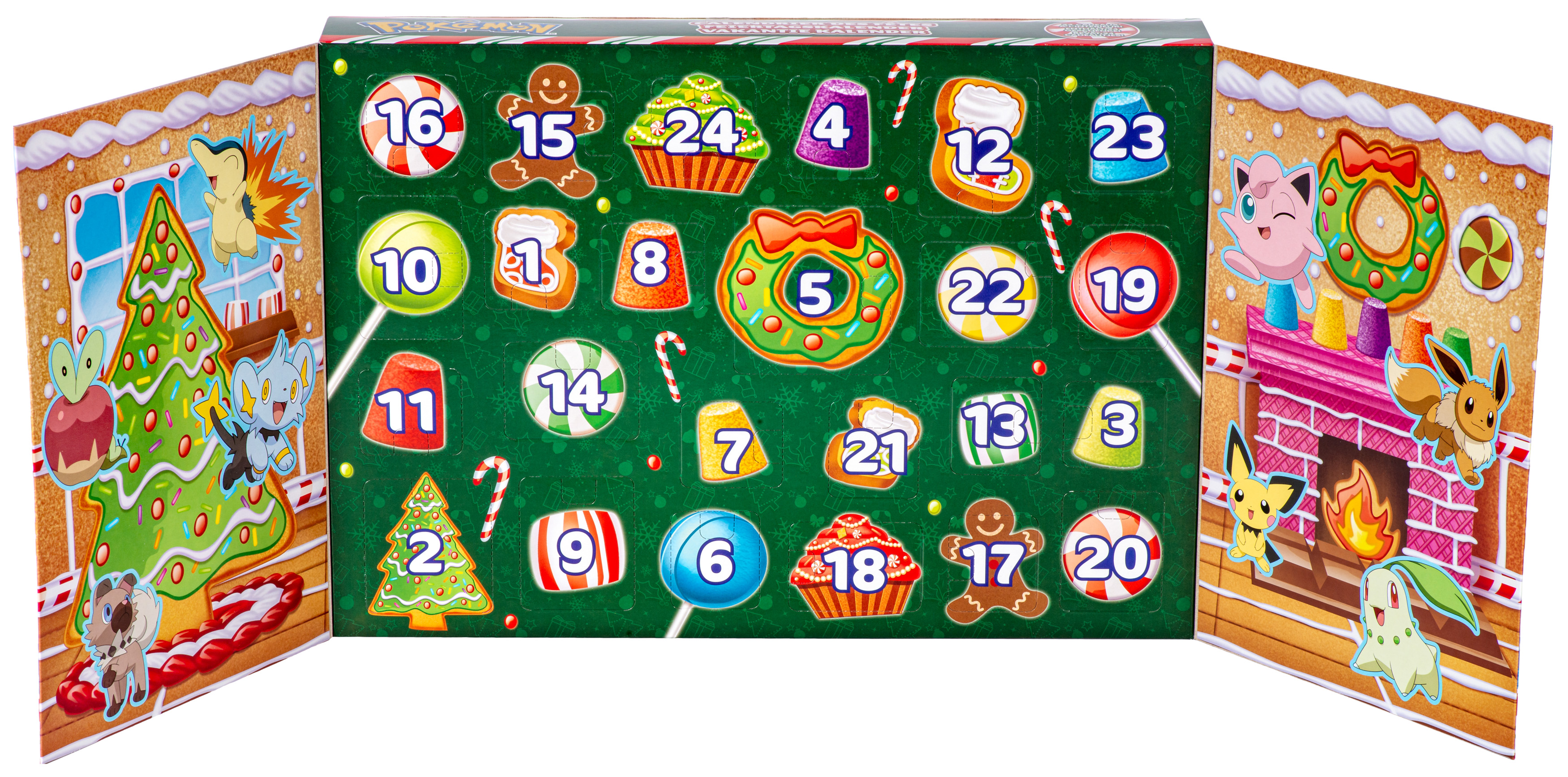 Adventskalender mit Pokémon-Charakteren und Türen in Form von Süßigkeiten, nummeriert 1-24.