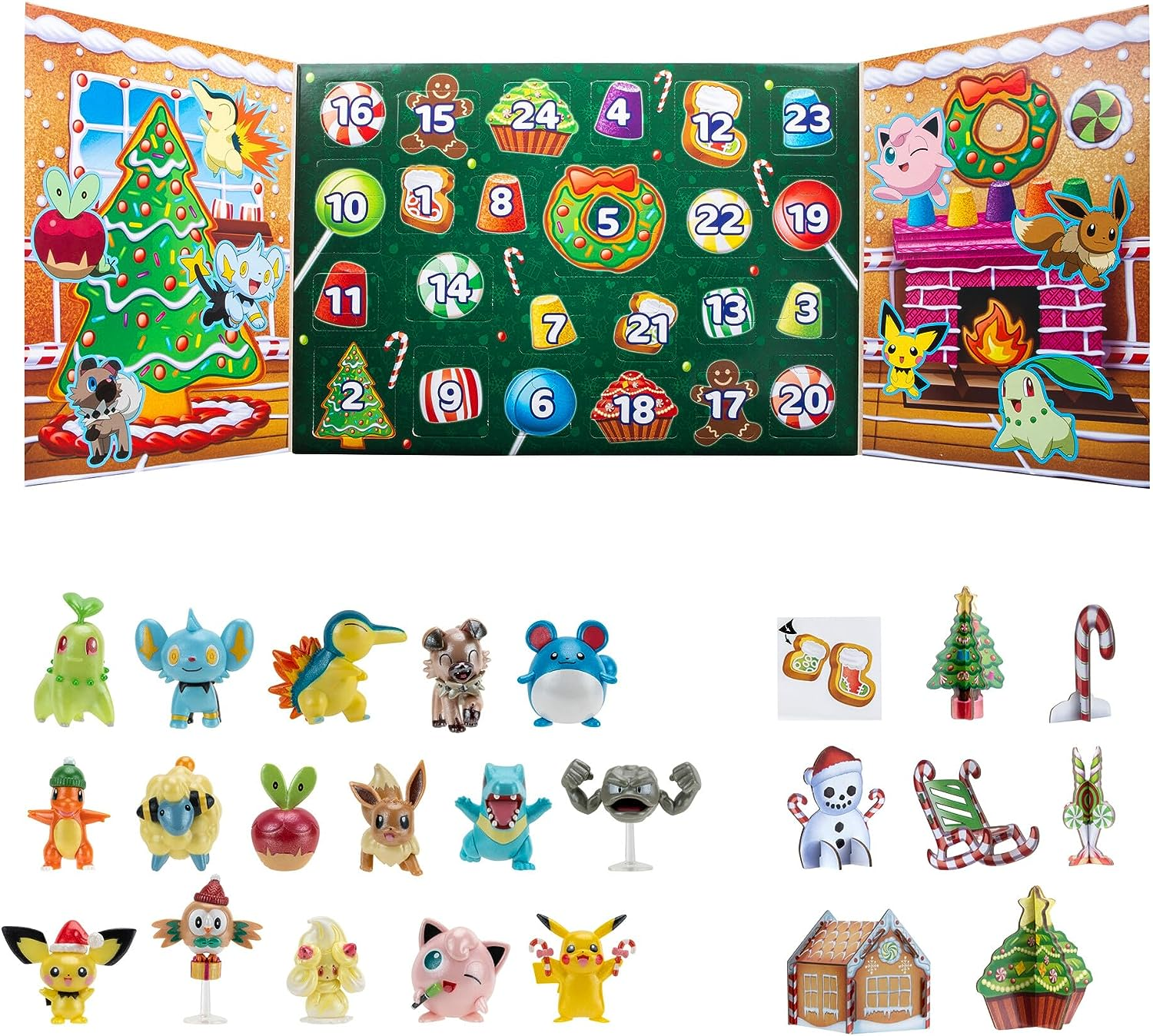 Adventskalender, geöffnet, mit Pokémon-Charakteren, weißer Hintergrund.