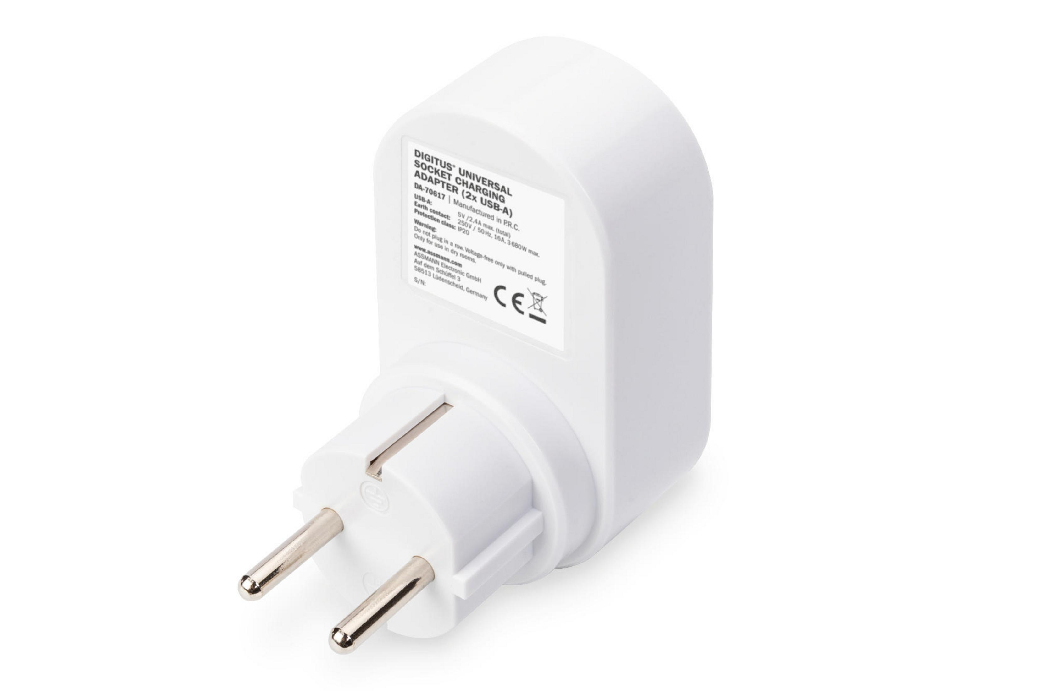 Ein weißer Adapter mit europäischem Stecker und USB-A-Anschluss auf weißem Hintergrund.