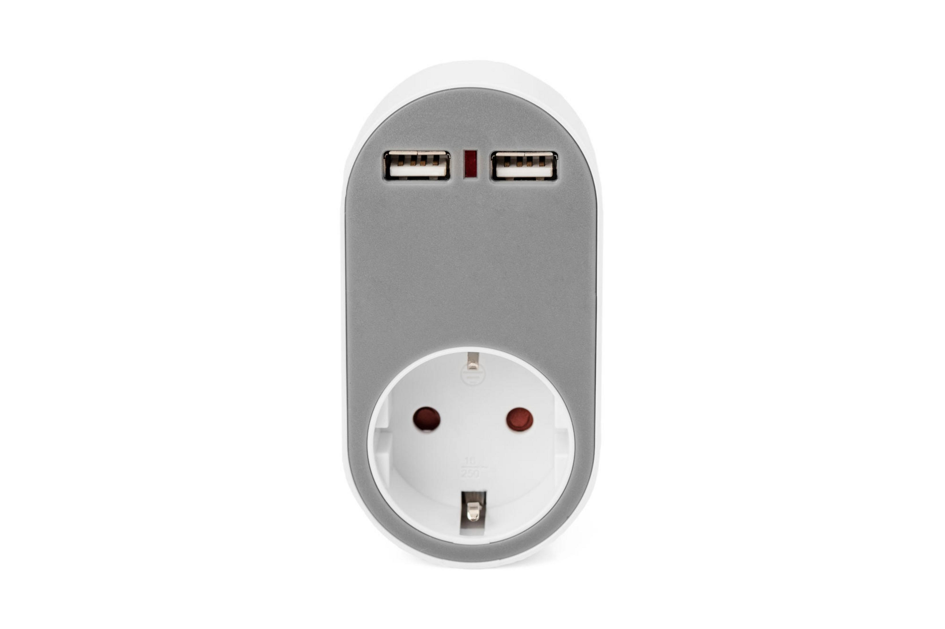 Weißes und graues Netzteil mit zwei USB-Anschlüssen und einem Stecker. Es ist auf weißem Hintergrund.