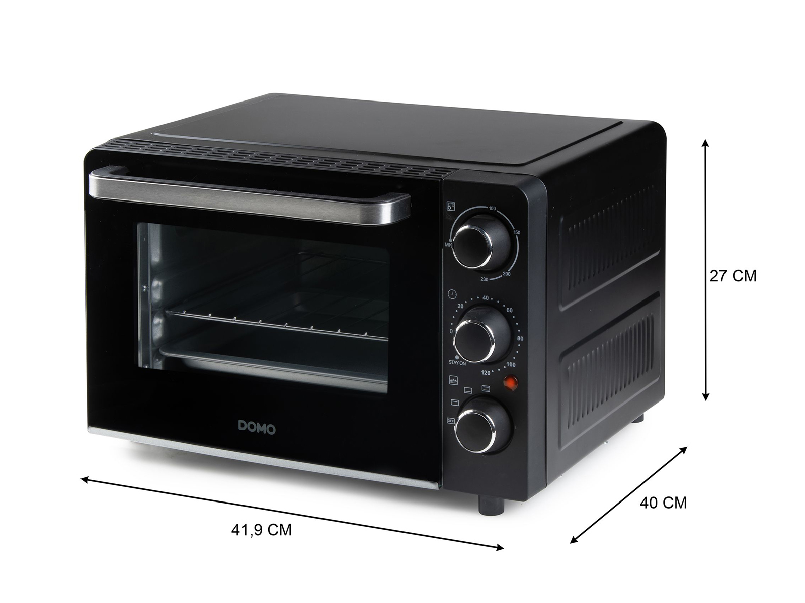 Schwarzer Tischbackofen mit Knöpfen und Maßen. Weißer Hintergrund.