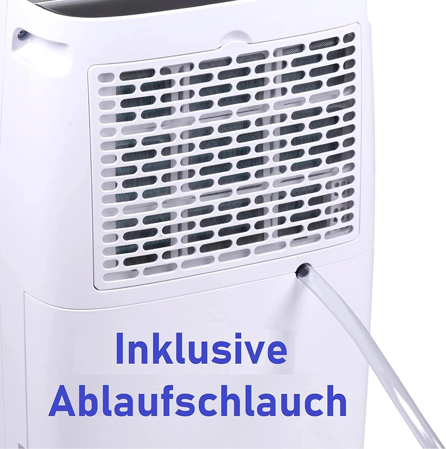Ein weißer Luftentfeuchter mit Lüftungsschlitz und Schlauch, mit Text 'Inklusive Ablaufschlauch'.
