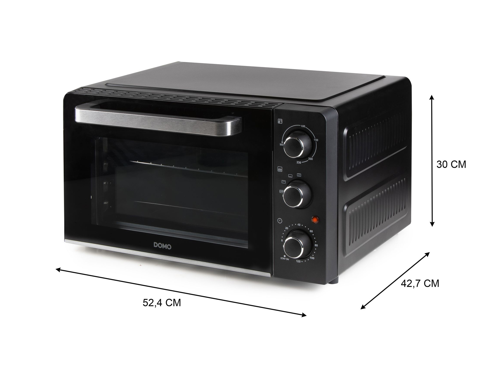 Schwarzer Elektrobackofen mit Glastür und Bedienknöpfen. Abmessungen sind angegeben.