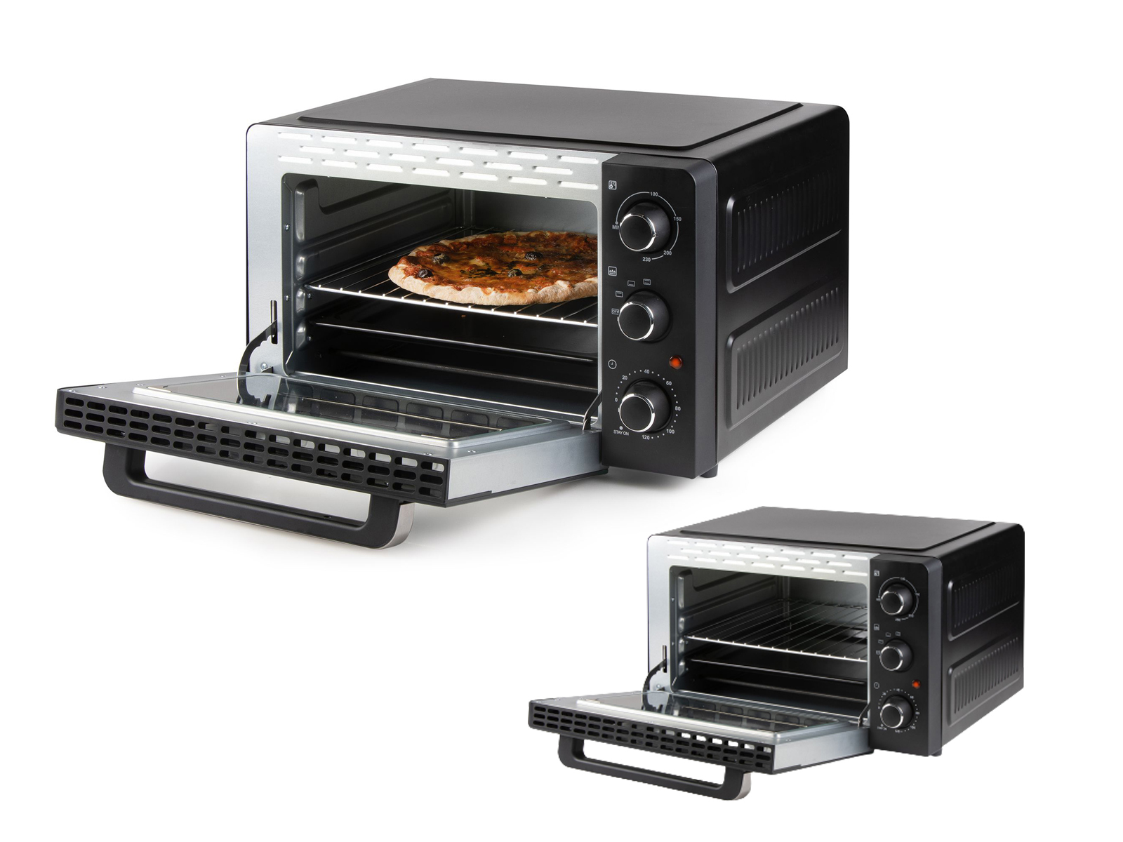 Schwarzer Toaster mit Pizza darin. Die Backofentür ist offen. Darunter ein weiterer Ofen.