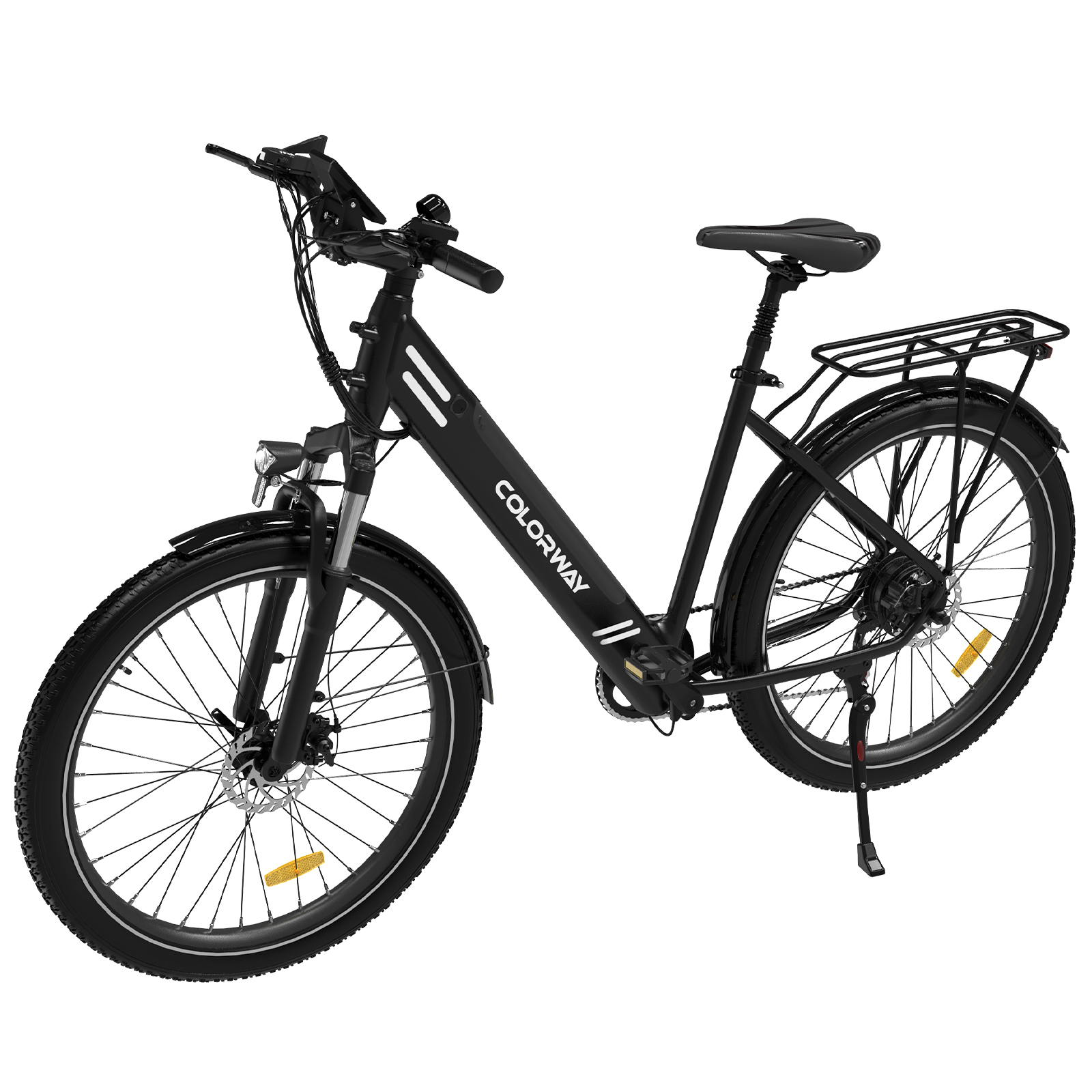 Schwarzes Colorway Elektrofahrrad. Das Fahrrad hat einen Gepäckträger und ein Colorway-Logo.