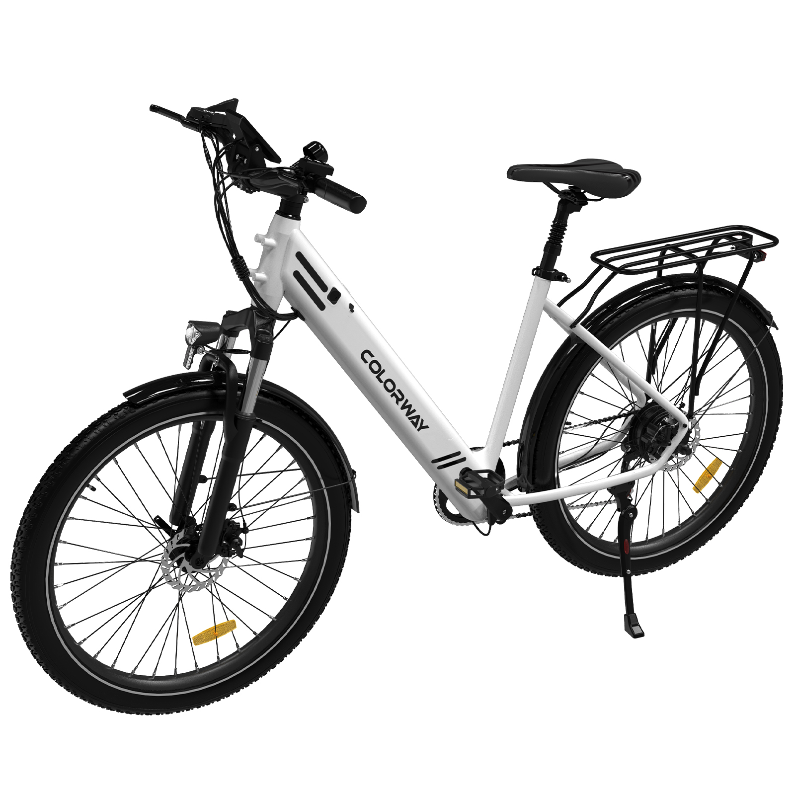 Weißes Elektrofahrrad mit schwarzen Reifen. Es hat einen Akku, einen Gepäckträger und ein Display.