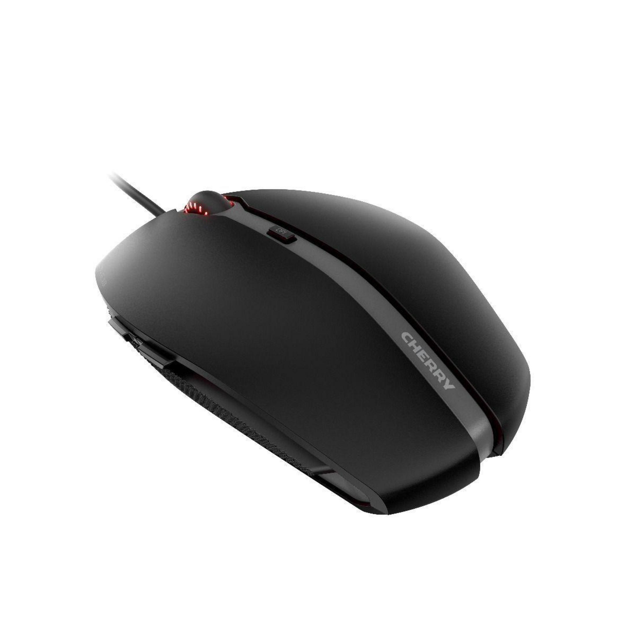 Ratón gamer negro con luz roja arriba y logotipo Cherry.