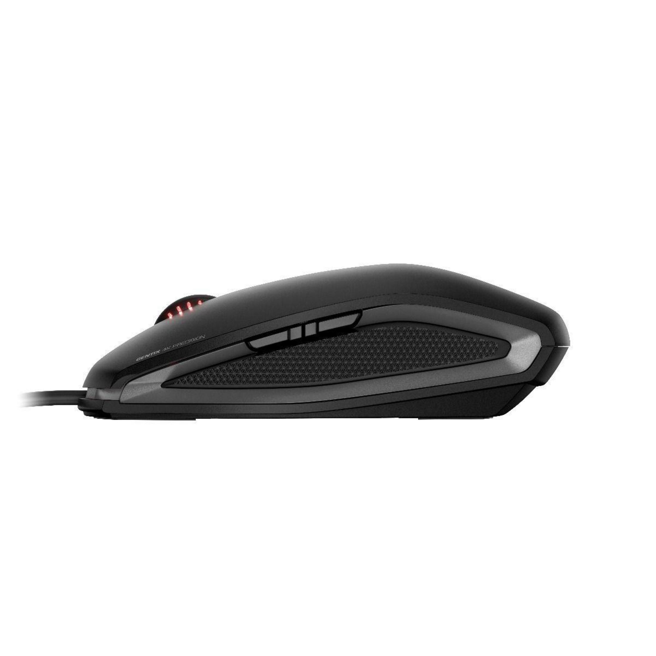 Ratón de computadora negro. El lado del ratón tiene un agarre engomado con tres botones y una luz roja.