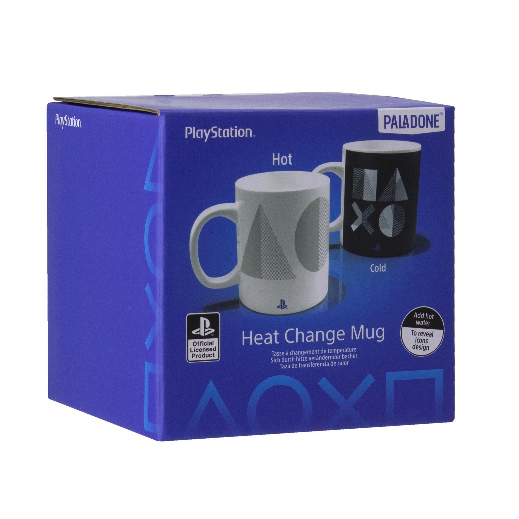 PlayStation-Wärmewechsel-Tasse in einer blauen Box. Die Tasse zeigt PlayStation-Icons, die heiß erscheinen.