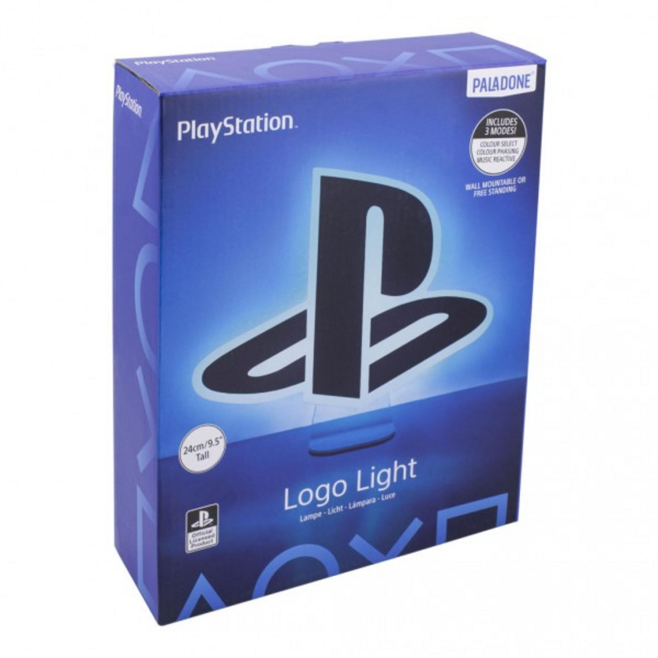 PlayStation-Logo-Leuchtkasten in Blau und Weiß mit Text.
