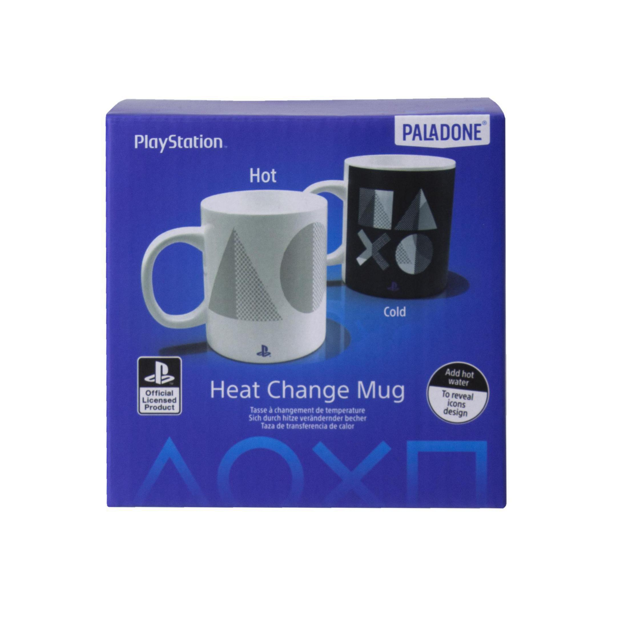 Ein farbwechselnder Becher mit dem PlayStation-Logo auf einer blauen Box.
