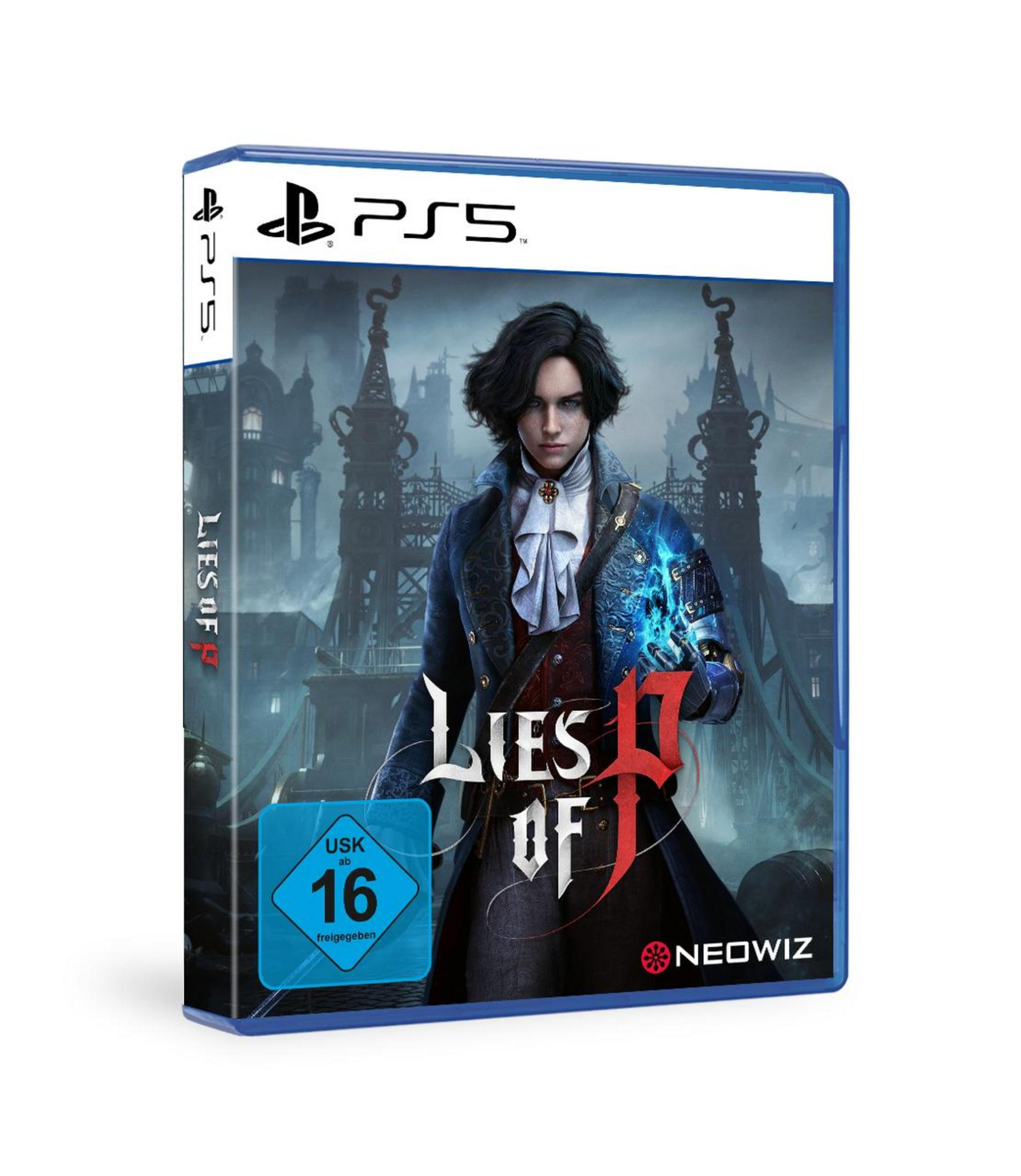 Videospielhülle für 'Lies of P' auf PS5. Zeigt eine Figur, die Magie hält. Weißer Hintergrund.