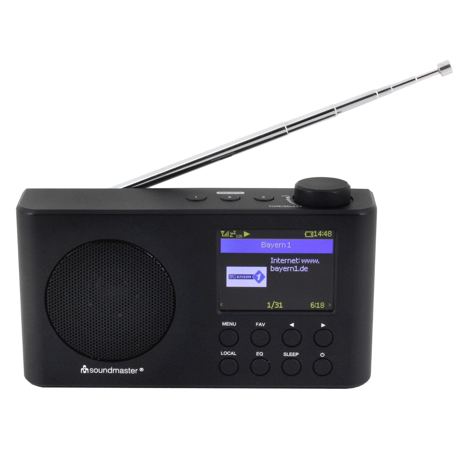 Schwarzes Radio mit Bildschirm, der Text anzeigt, und einem Drehknopf. Es hat eine Antenne und Knöpfe.