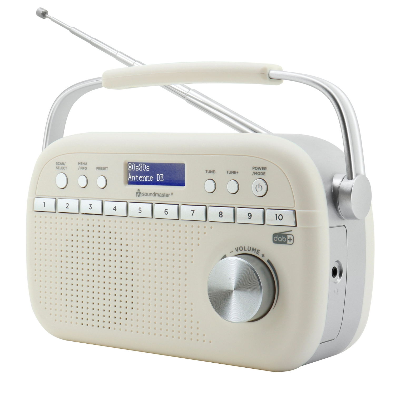 Cremefarbenes Radio mit silbernem Griff und Knöpfen, Antenne ausgezogen. Text auf dem Bildschirm.