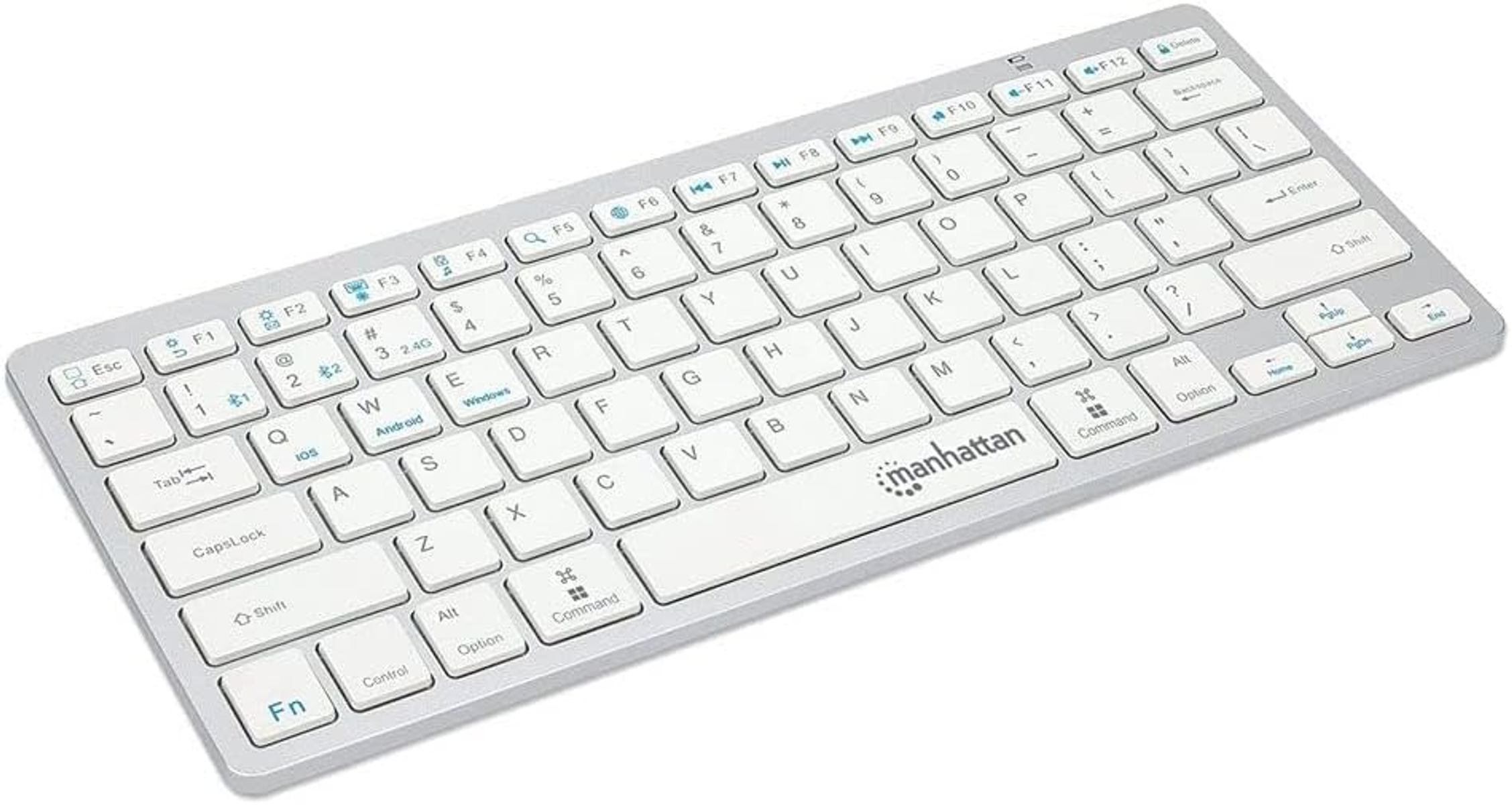 Srebrna i biała klawiatura bezprzewodowa. Białe klawisze z czarnymi literami. Marka Manhattan.