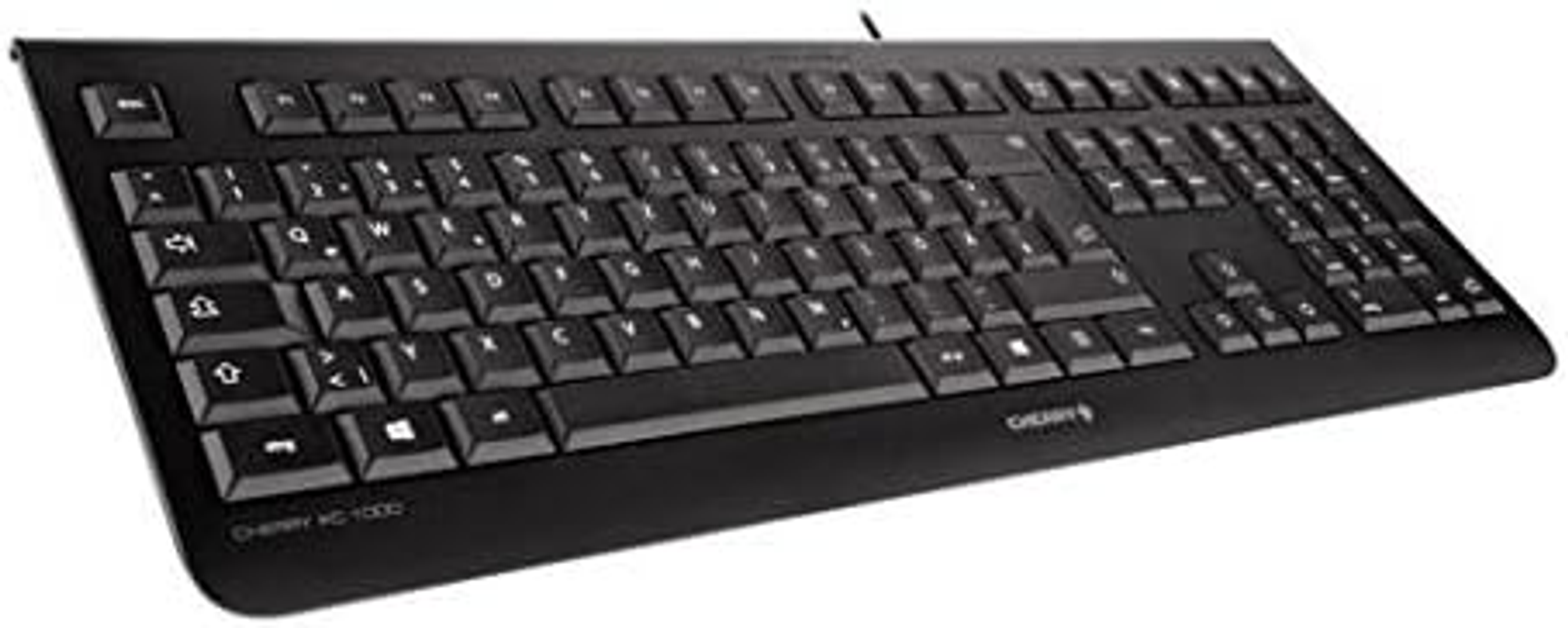 Una tastiera nera con lettere e simboli bianchi. La tastiera ha un'etichetta Cherry KC 1000.