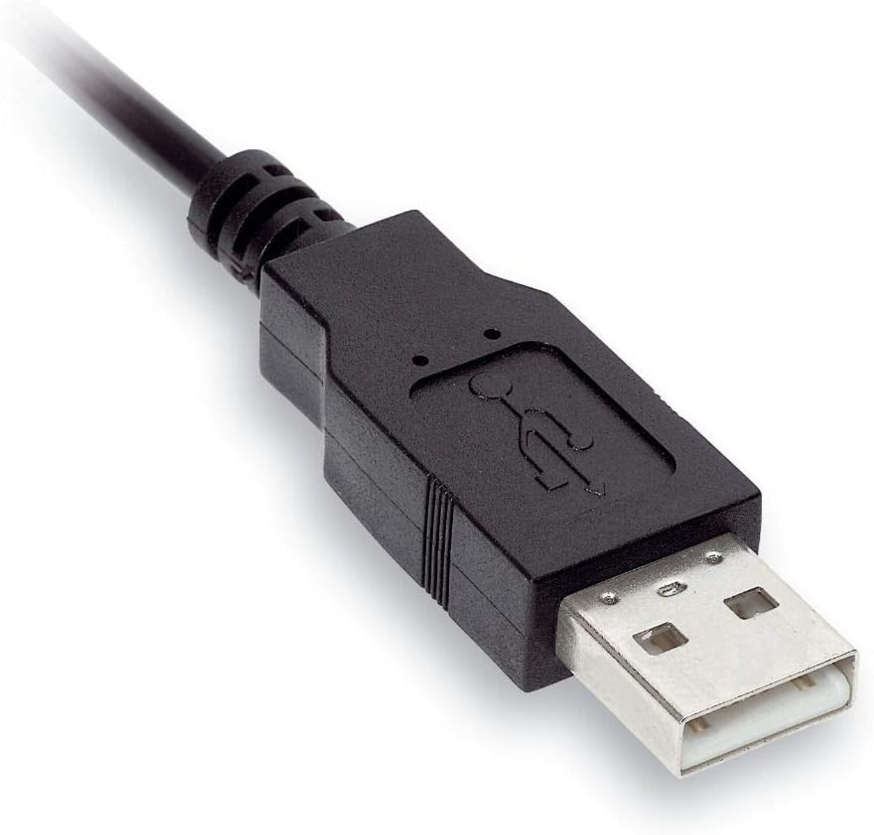 Schwarzer USB-Anschluss mit USB-Symbol, verbunden mit einem schwarzen Kabel.