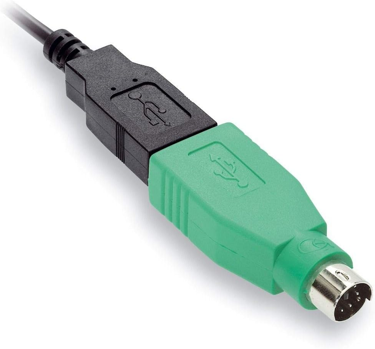 USB- und PS/2-Anschlusskabel, schwarz und grün, Nahaufnahme.
