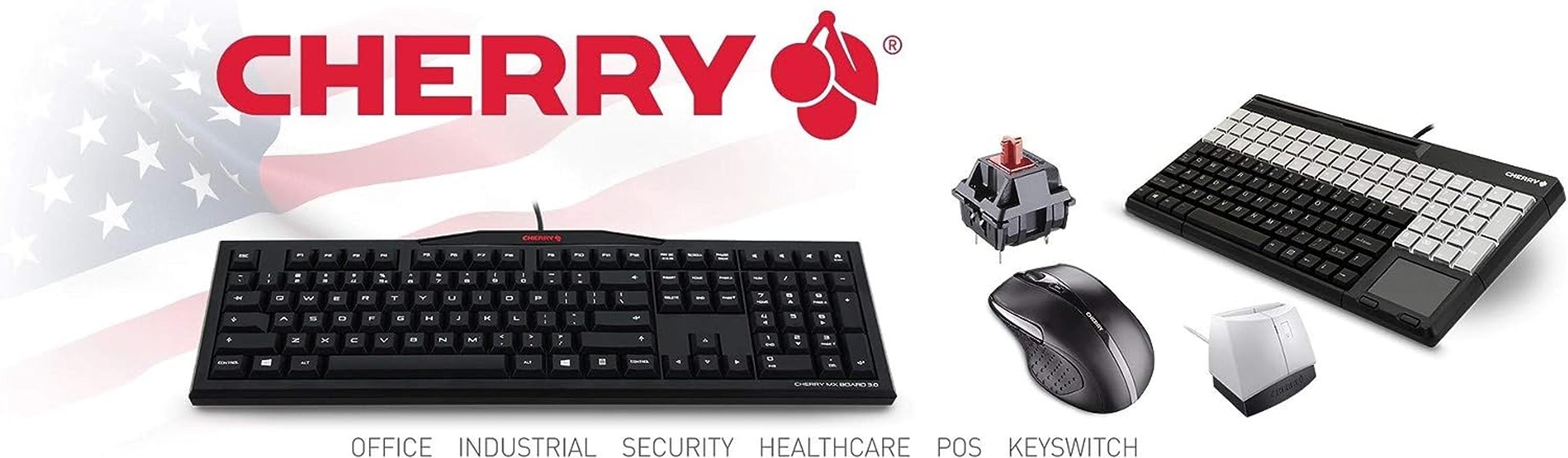 Cherry-Tastatur und Zubehör auf einem Banner mit der US-Flagge im Hintergrund.