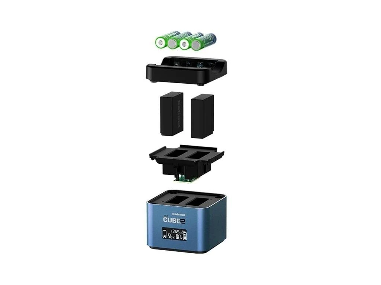 Eine Explosionsdarstellung eines Batterieladegeräts. Drei Batterien sind oben. Zwei Batterien und eine Basis sind unten.