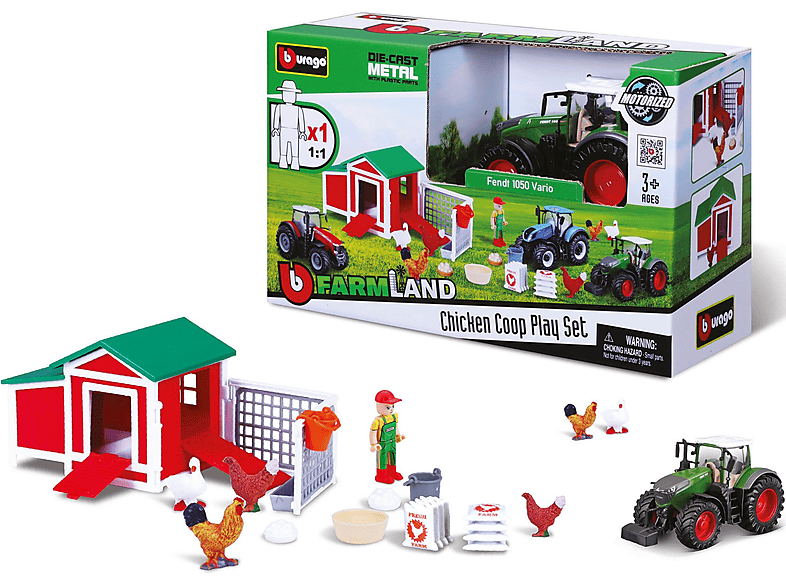Farmland Teile) BBURAGO Traktor (17 inkl. Hühnerstall Fendt Spiel-Set