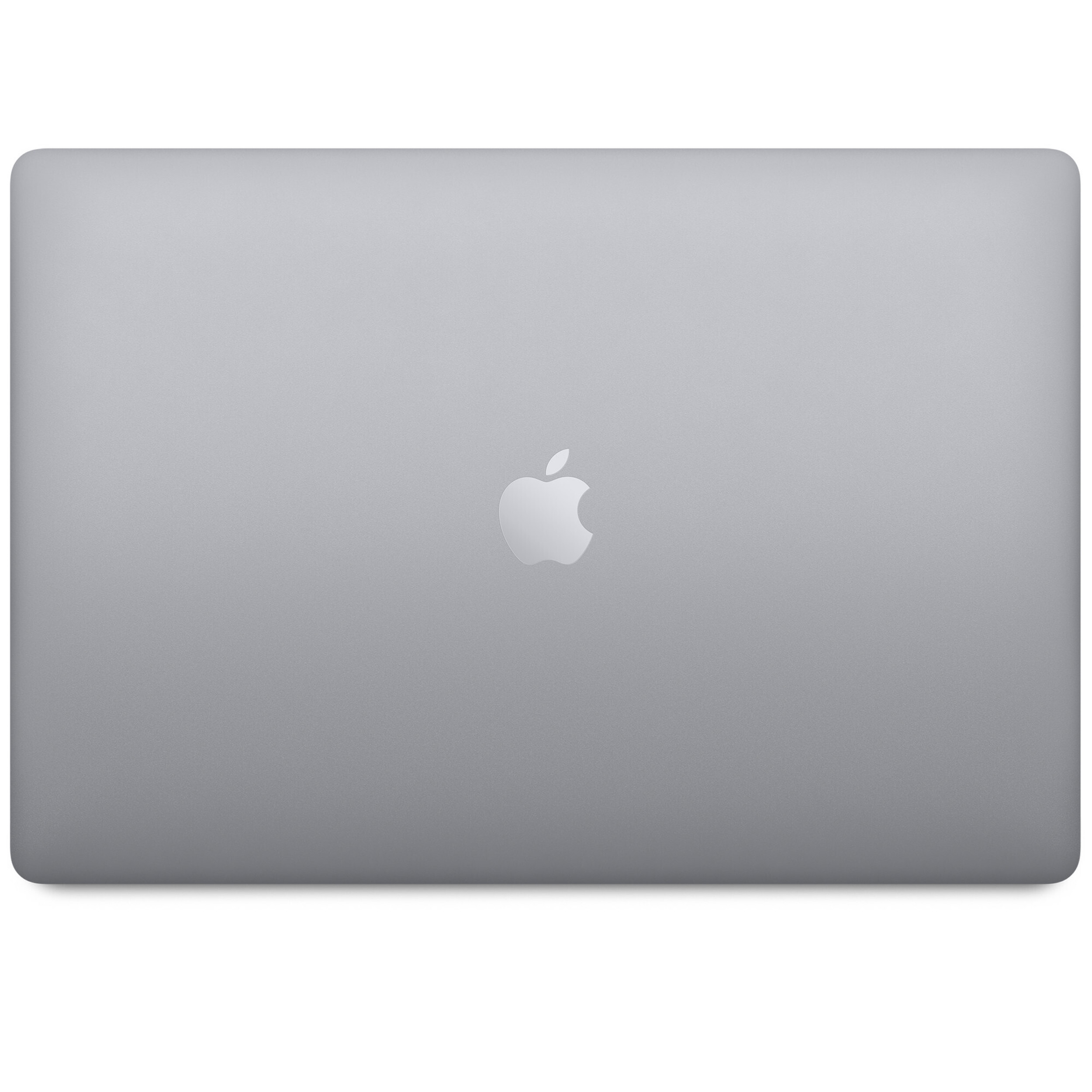 Vista superior de un Macbook Apple plateado, con el logo de Apple en el centro.