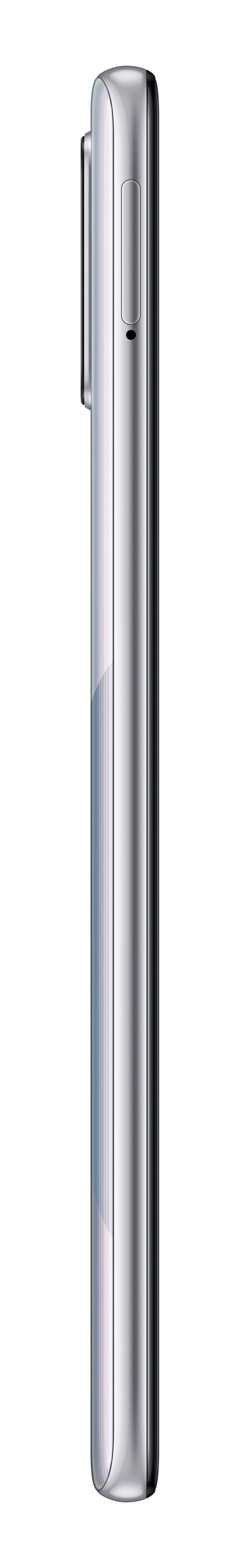 Widok z boku srebrnego smartfona z wypukłością aparatu i bocznymi przyciskami.