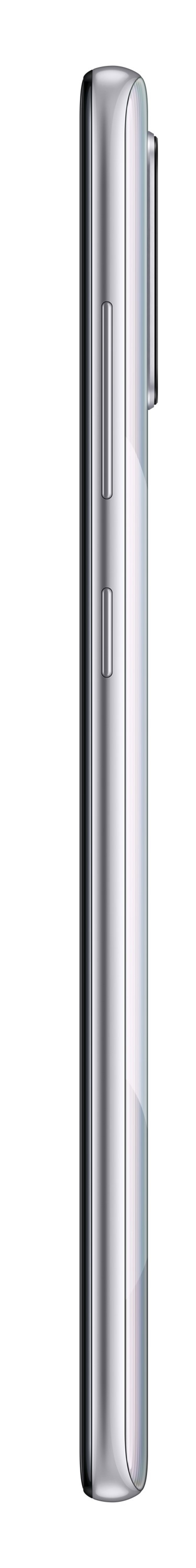 Boczny profil srebrnego telefonu z przyciskami i aparatem.