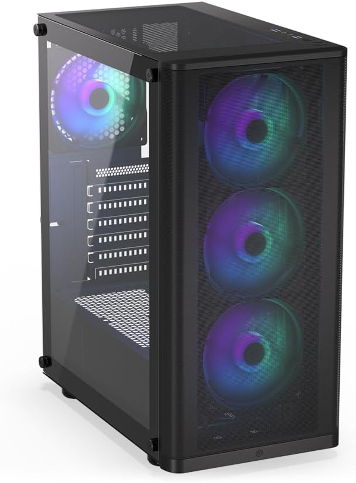 Czarna obudowa komputera z wentylatorami RGB za siatkowym przodem, szklanym panelem bocznym i częściami wew.