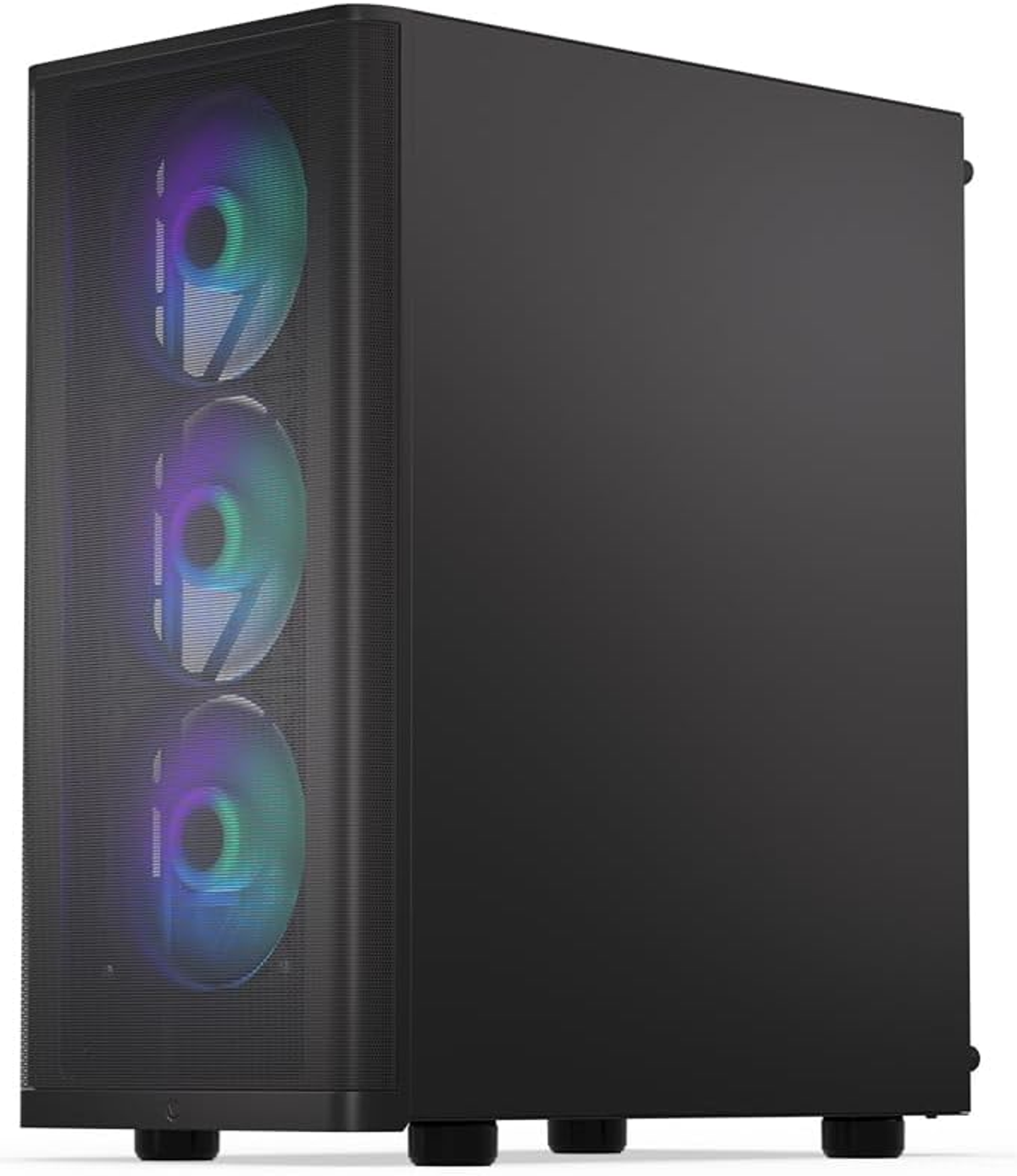 Czarna obudowa komputera z siatkowym przodem i trzema wentylatorami z kolorowym oświetleniem.