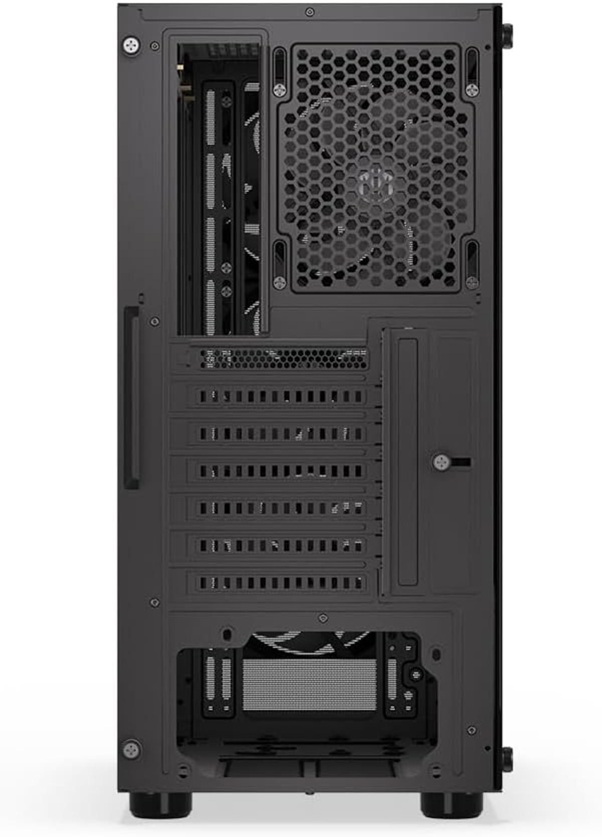 Widok z tyłu czarnej obudowy komputera pokazujący wentylację i gniazda komponentów.