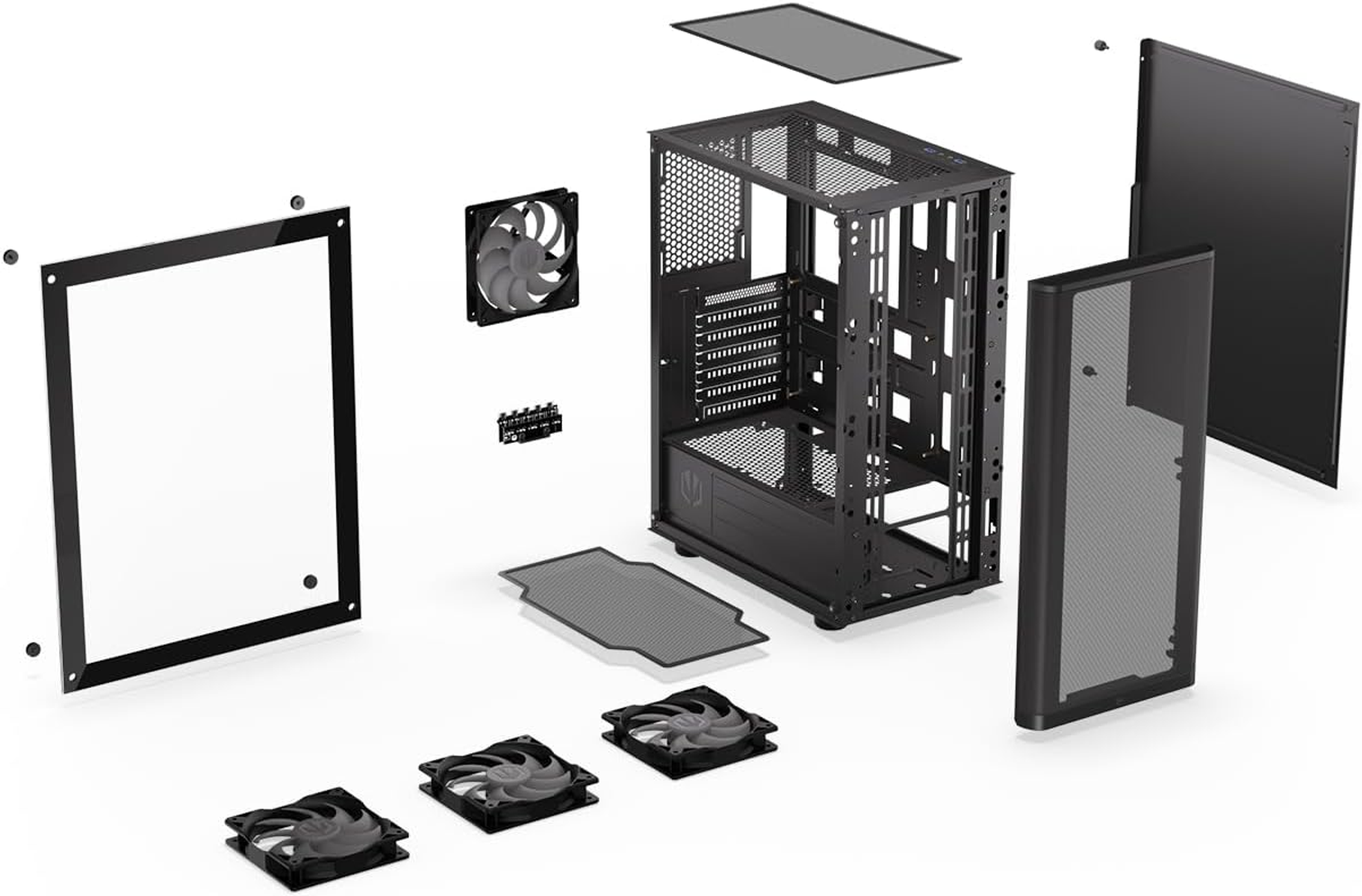 Widok rozłożony czarnej obudowy komputera z wentylatorami i panelami szklanymi.