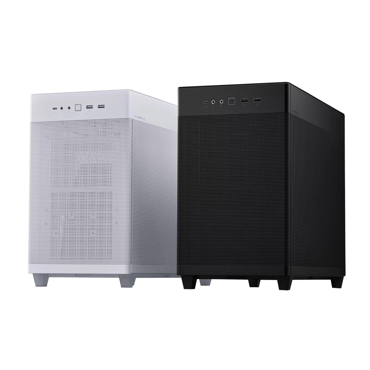 Dwie białe i czarne obudowy komputera obok siebie na białej powierzchni.