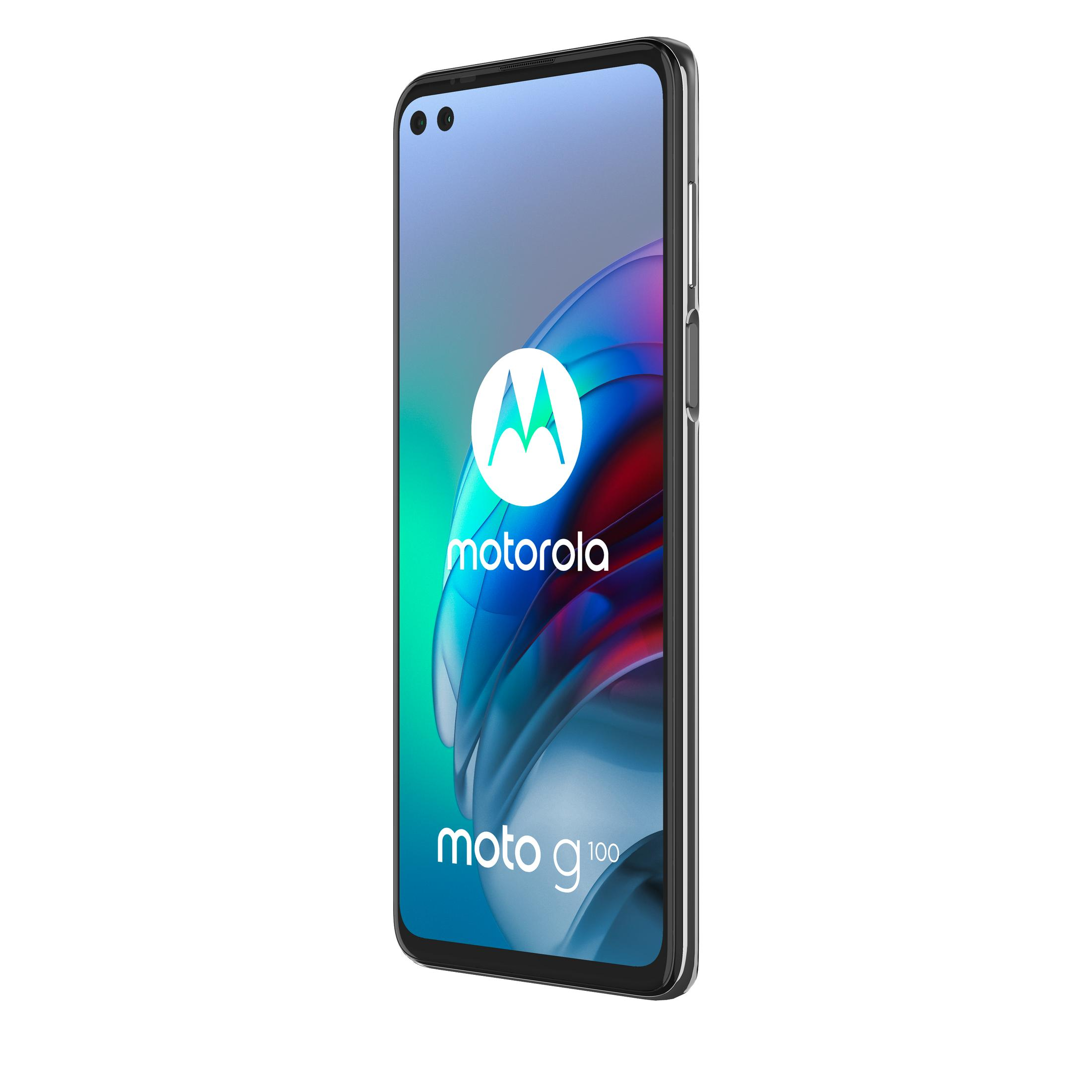 Motorola Moto G100 Smartphone mit eingeschaltetem Bildschirm.