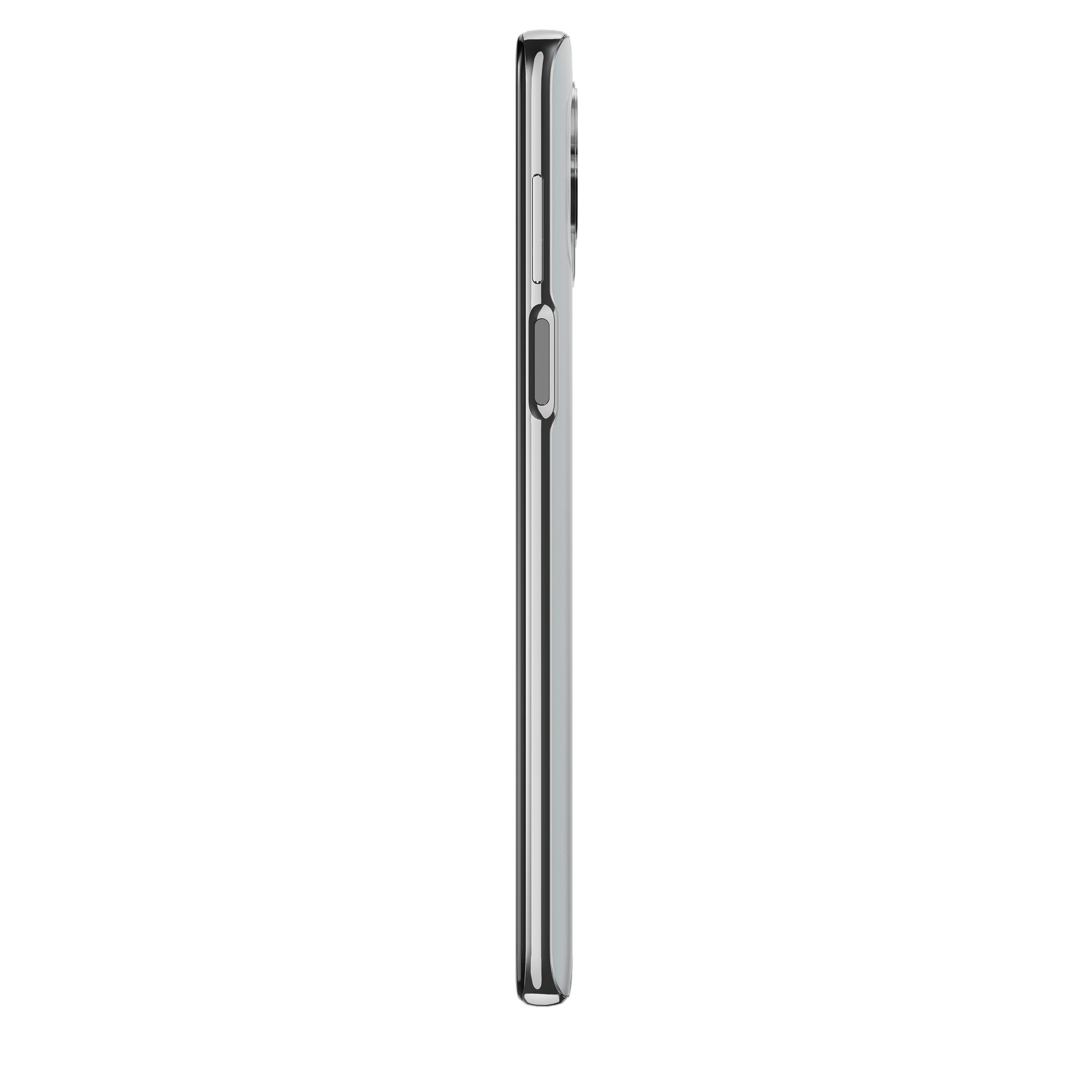Silbernes Smartphone-Seitenansicht. Kamera-Höcker. Weißer Hintergrund.