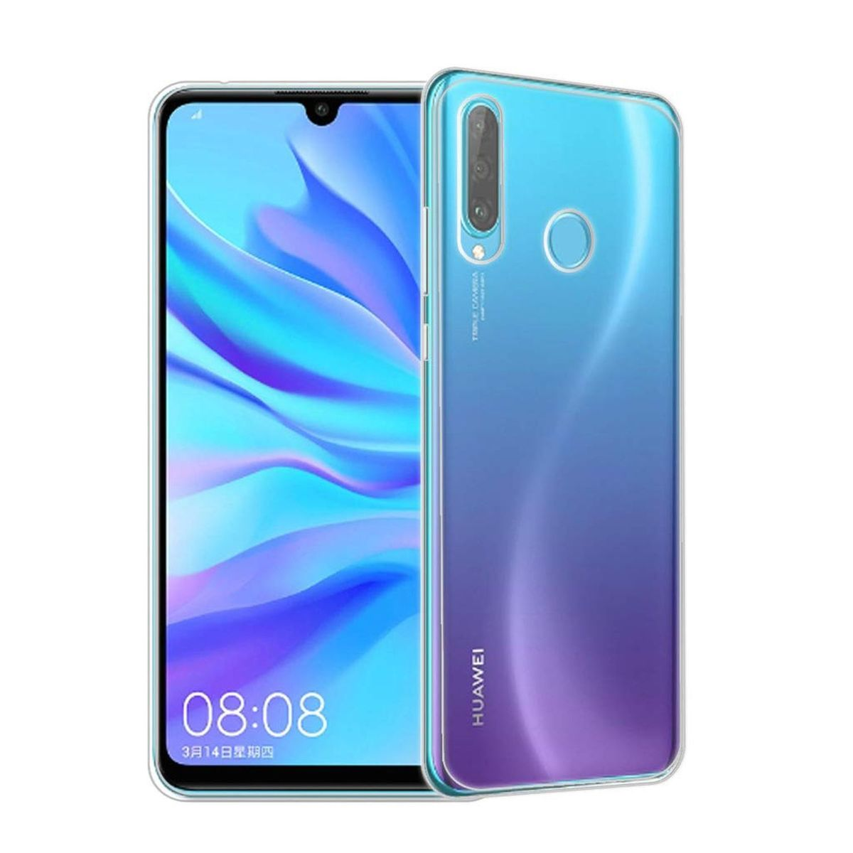 Ein blau-violettes Huawei-Handy mit transparenter Hülle, das den Bildschirm zeigt.