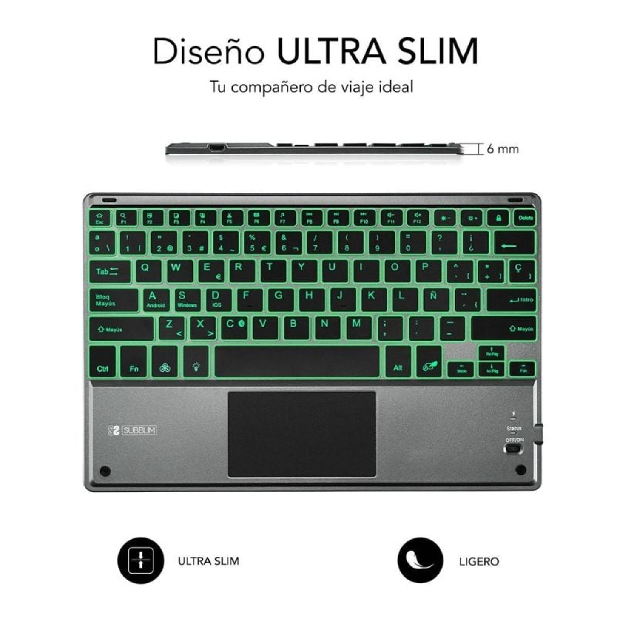 Teclado negro con teclas verdes, un panel táctil y las palabras “Ultra Slim” y “Ligero”.