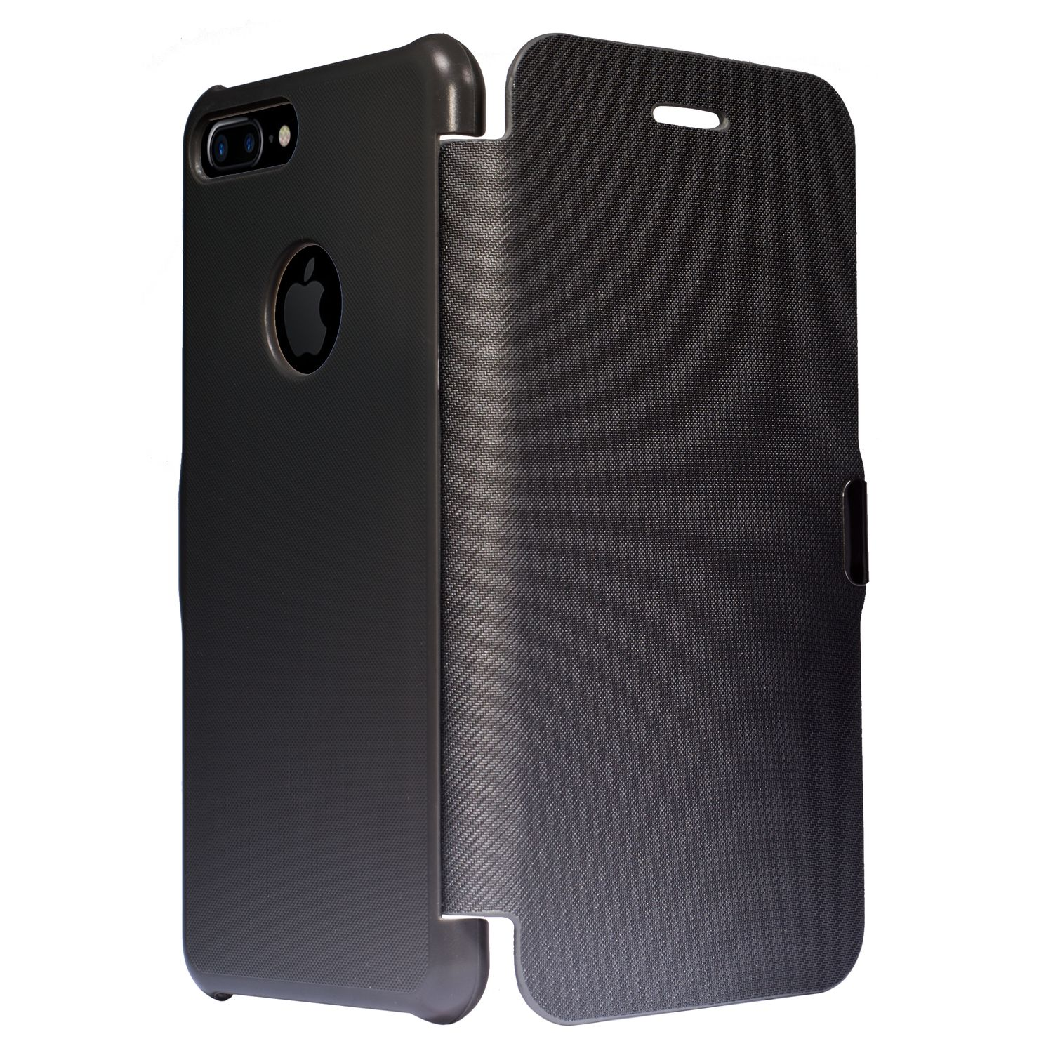 Schwarze iPhone-Hülle, offen. Zeigt die Kamera des Telefons und das Apple-Logo.