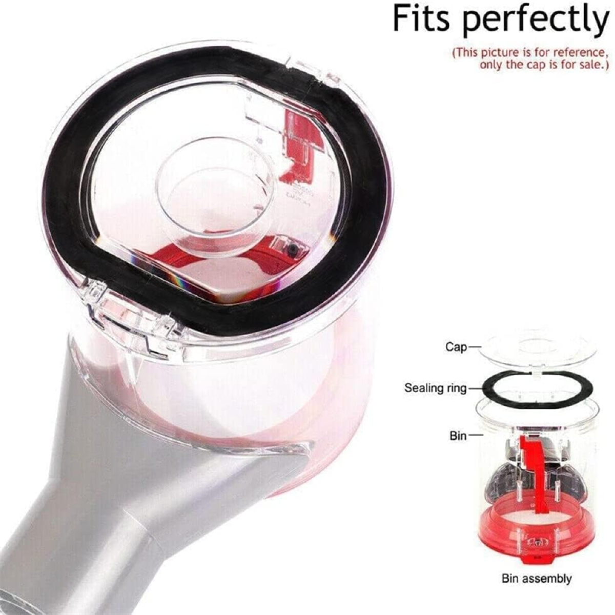 Części odkurzacza: zespół pojemnika, pierścień uszczelniający, nasadka, na białym tle.