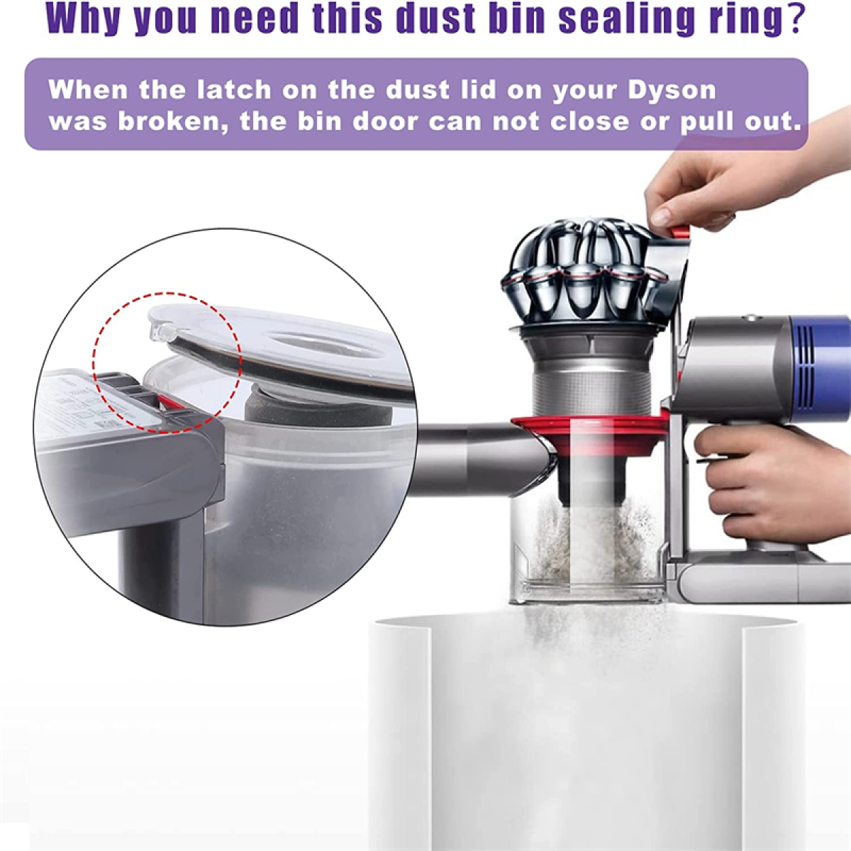 Ręka trzyma odkurzacz Dyson. Pojemnik otwarty z uszkodzoną uszczelką.