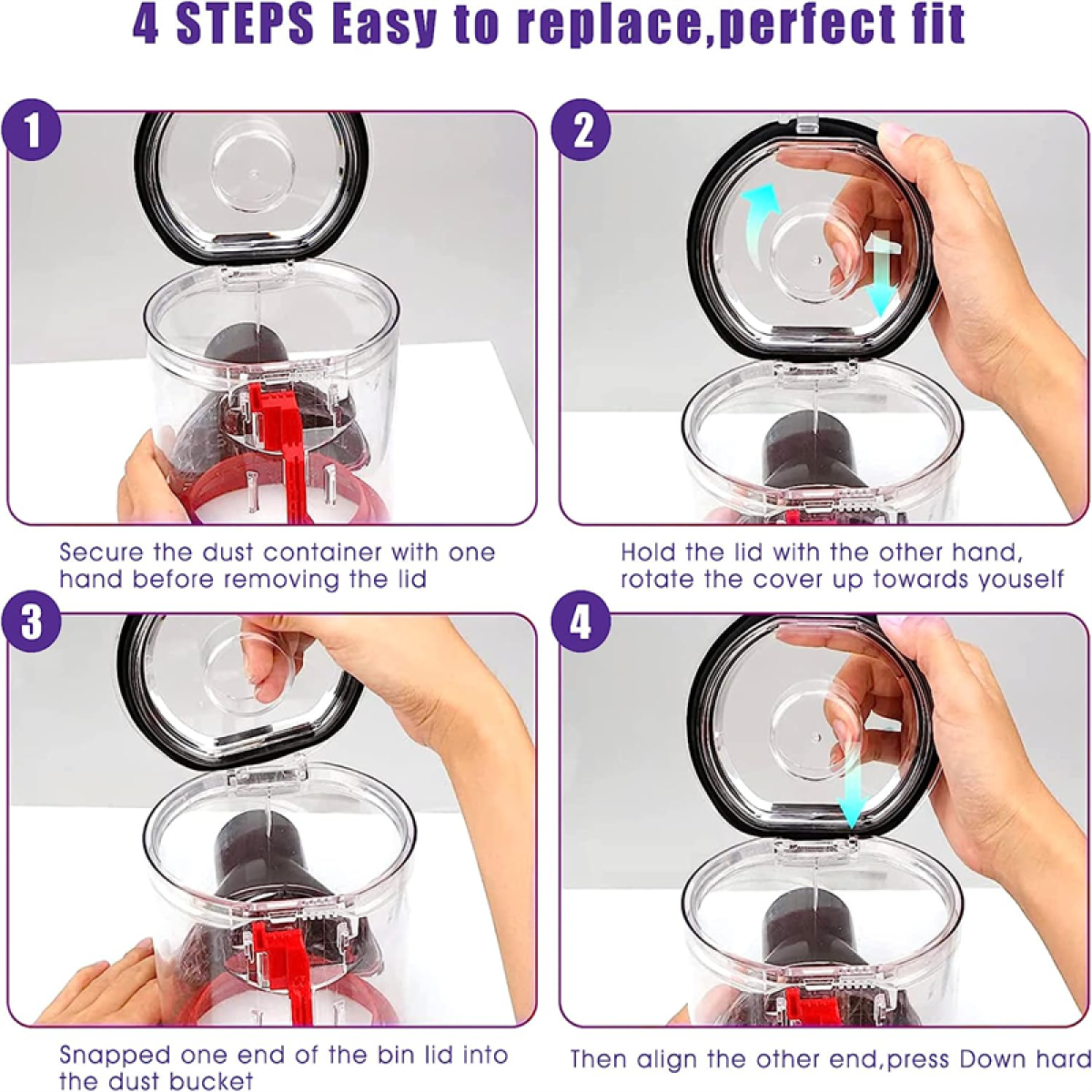 Czterostopniowy przewodnik otwierania pojemnika na kurz. Pokazuje kroki demontażu i montażu.