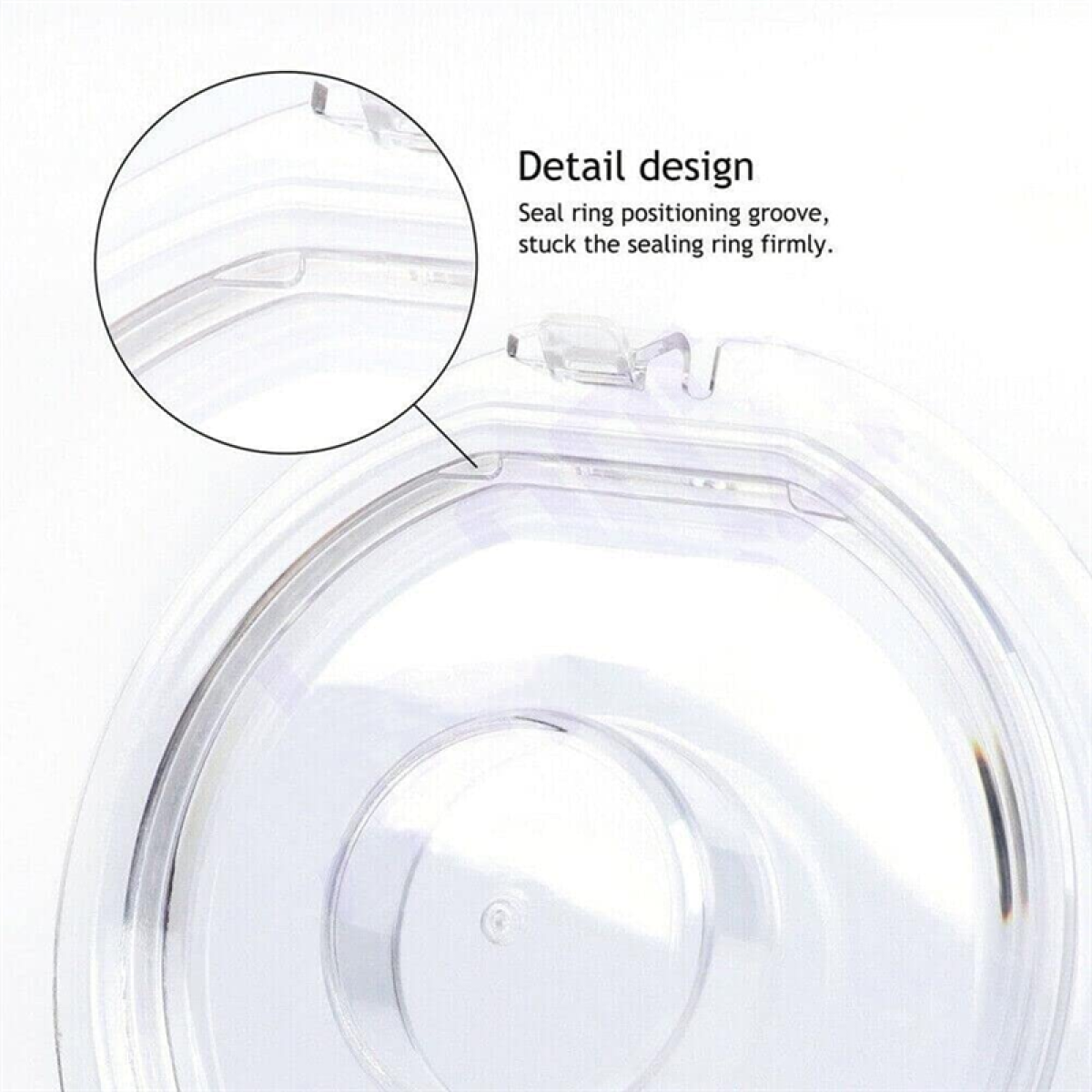 Zbliżenie przezroczystej plastikowej pokrywy ze szczegółowym widokiem rowka pierścienia uszczelniającego.