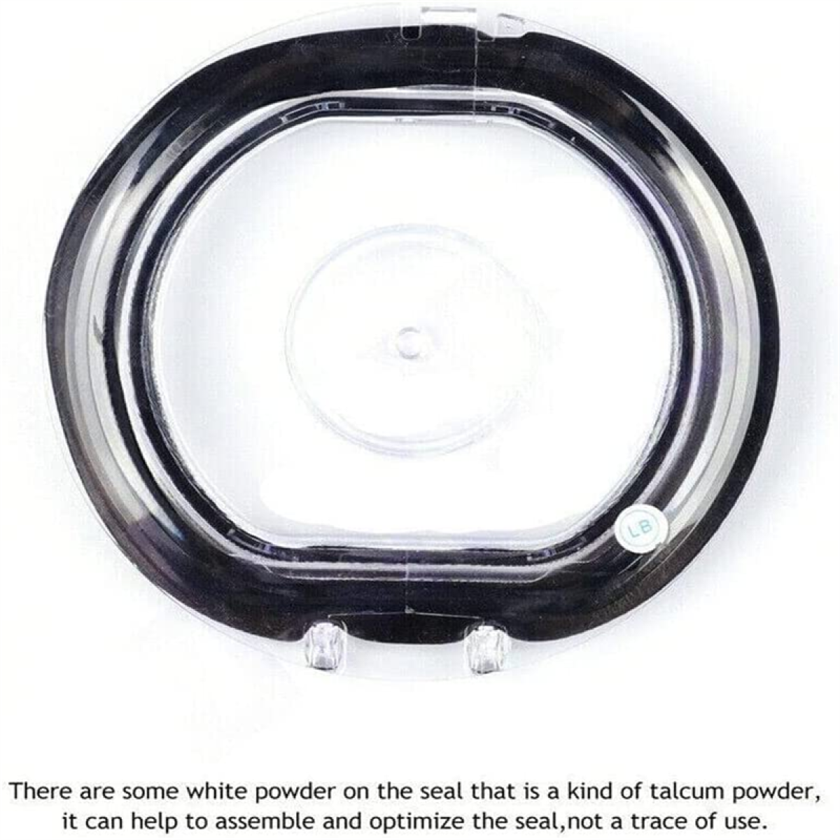 Przezroczyste, okrągłe plastikowe etui z białym wnętrzem. Tekst wskazuje na użycie talku.