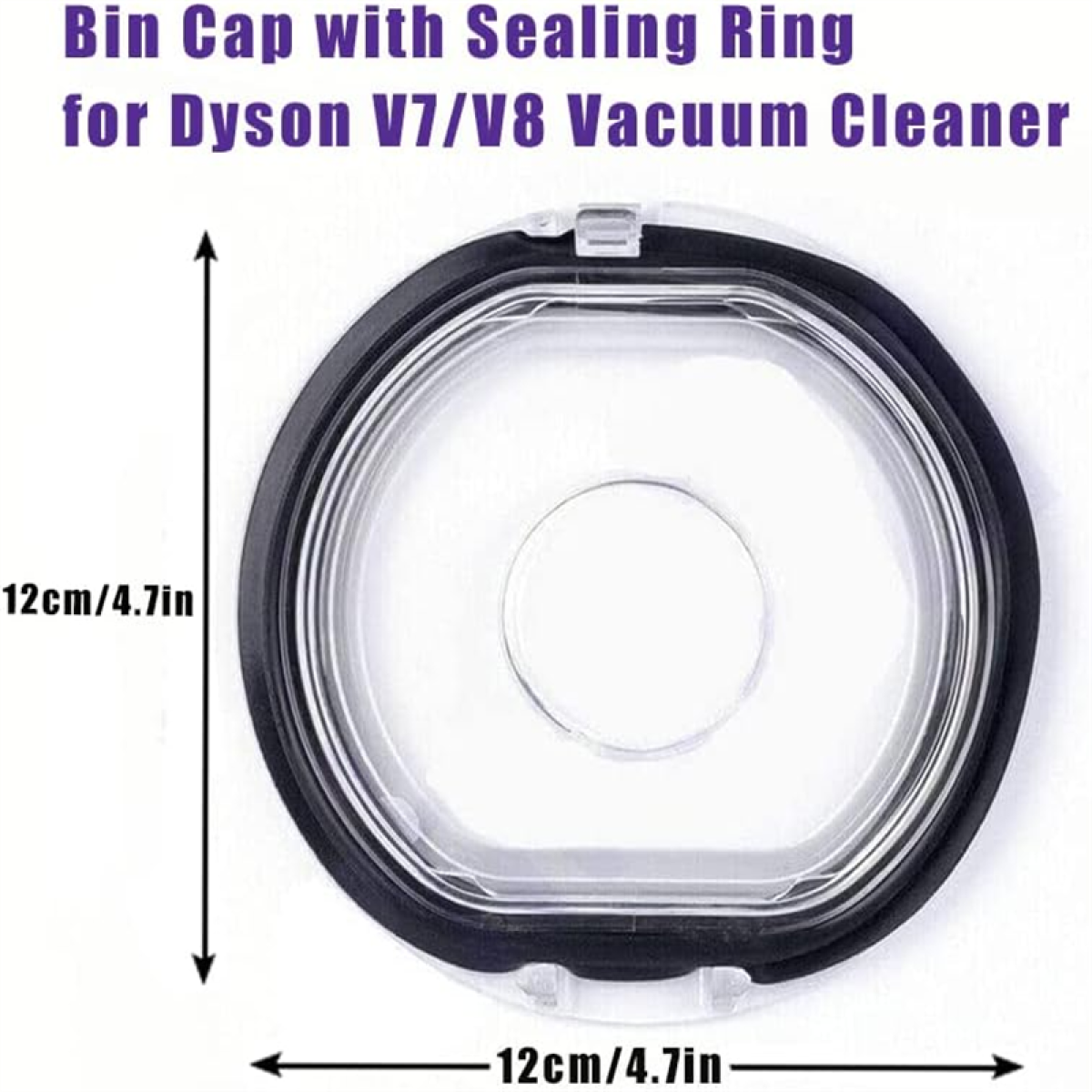 Przezroczysta pokrywa pojemnika z czarnym pierścieniem uszczelniającym, z wymiarami, na białym tle.