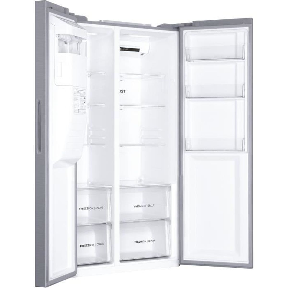Offener, silberfarbener Kühlschrank mit Regalen, Schubladen und einem Gefrierfach.