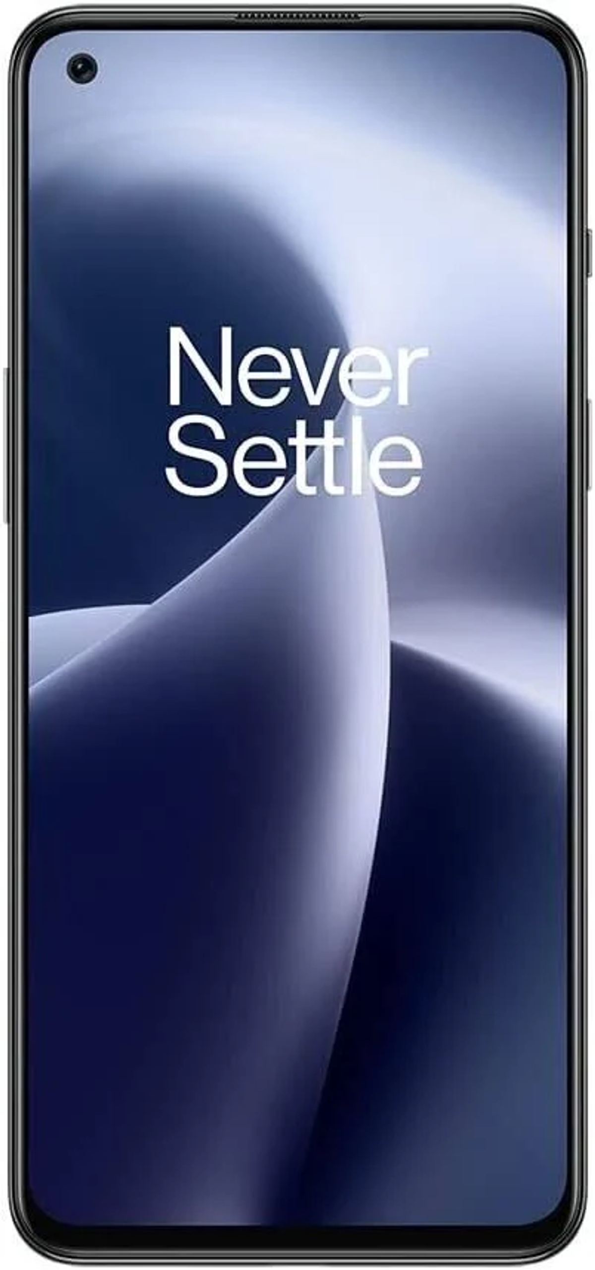 Smartphone with a black frame and the words "Never Settle" on the screen with an abstract background.