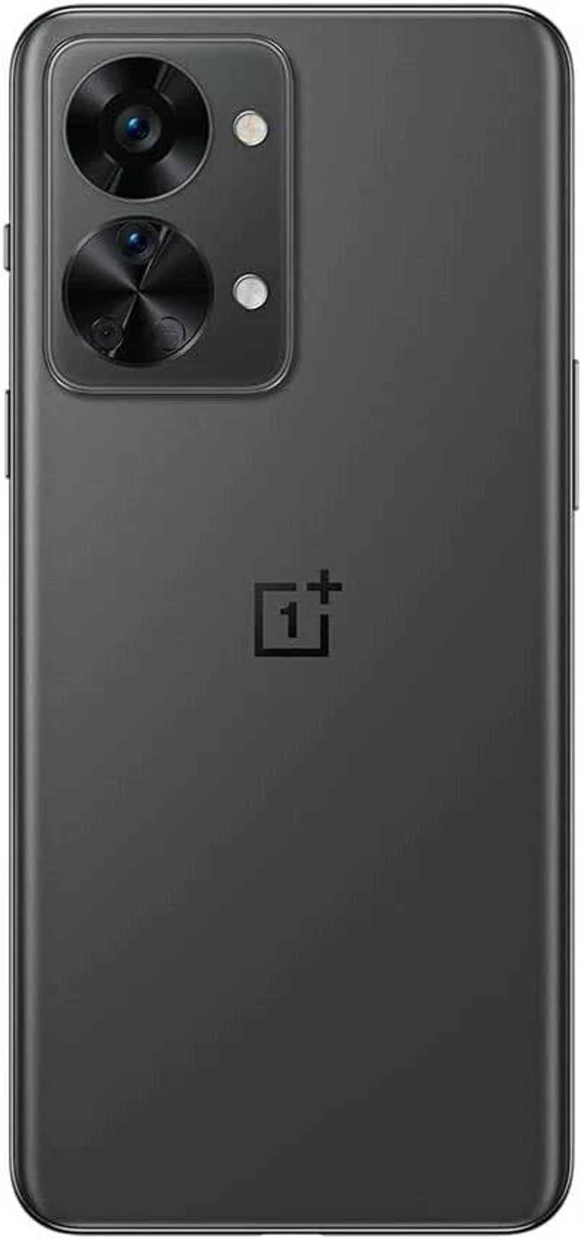 Black smartphone. Dual camera, black lenses. OnePlus logo. Sleek, dark design.